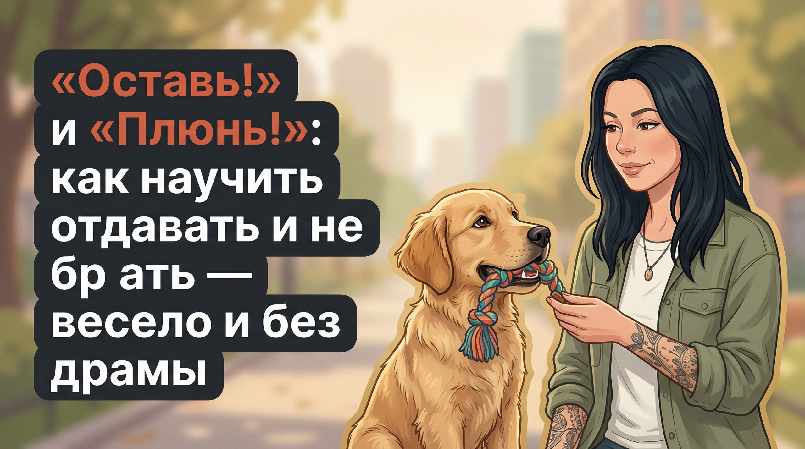 Обложка Korektika-Pes: Анна с татуировками учит собаку обмену игрушки по командам «оставь» и «плюнь».