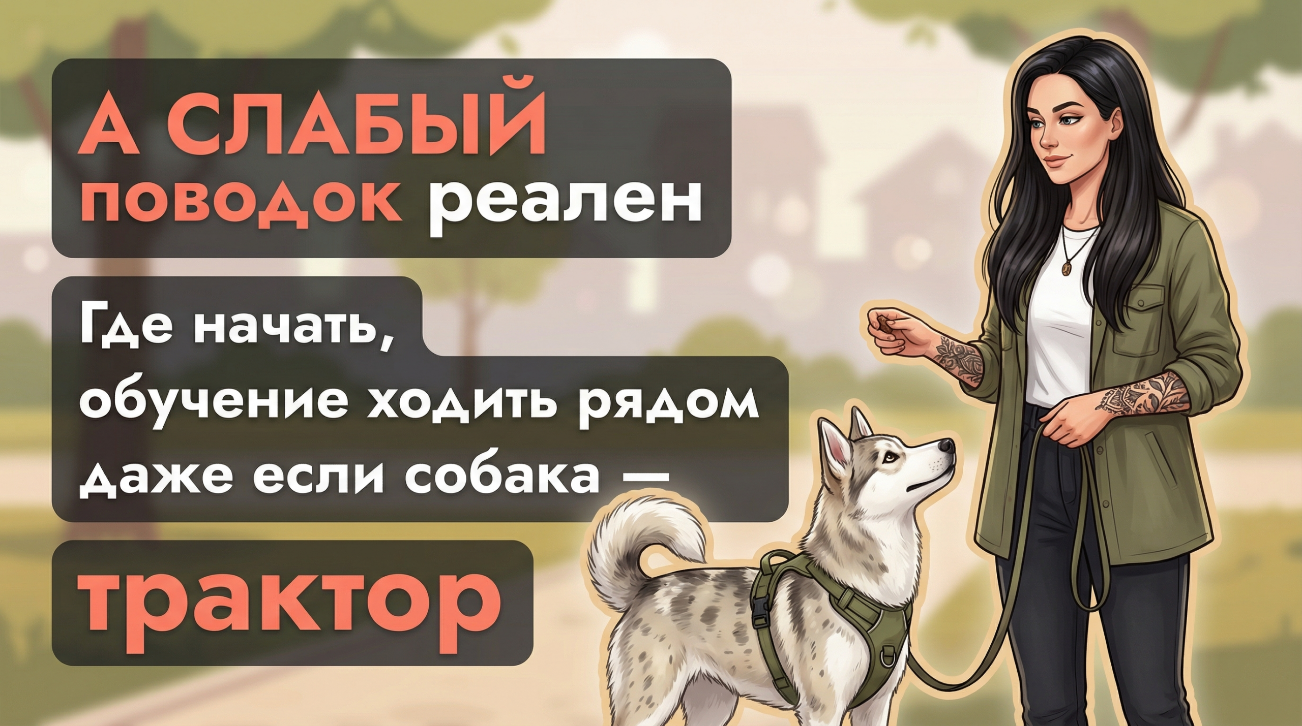 Обложка Korektika-Pes: Анна с татуировками и собакой в Y-шлейке с провисшим поводком в парке.