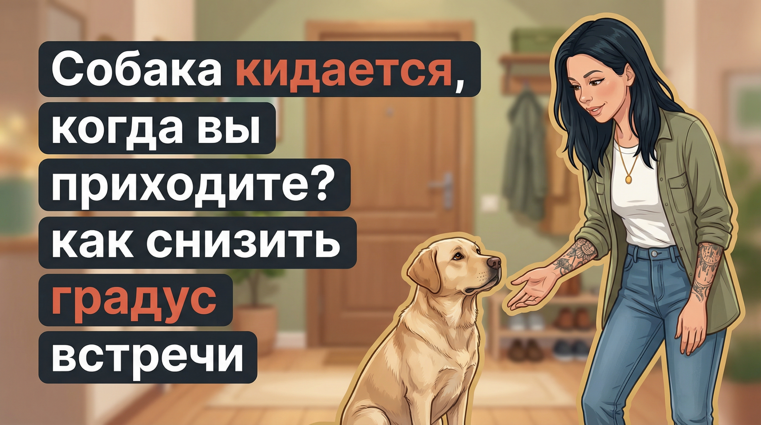Обложка Korektika-Pes: Анна с татуировками спокойно приветствует собаку в прихожей, текст о перевозбуждении при встрече.