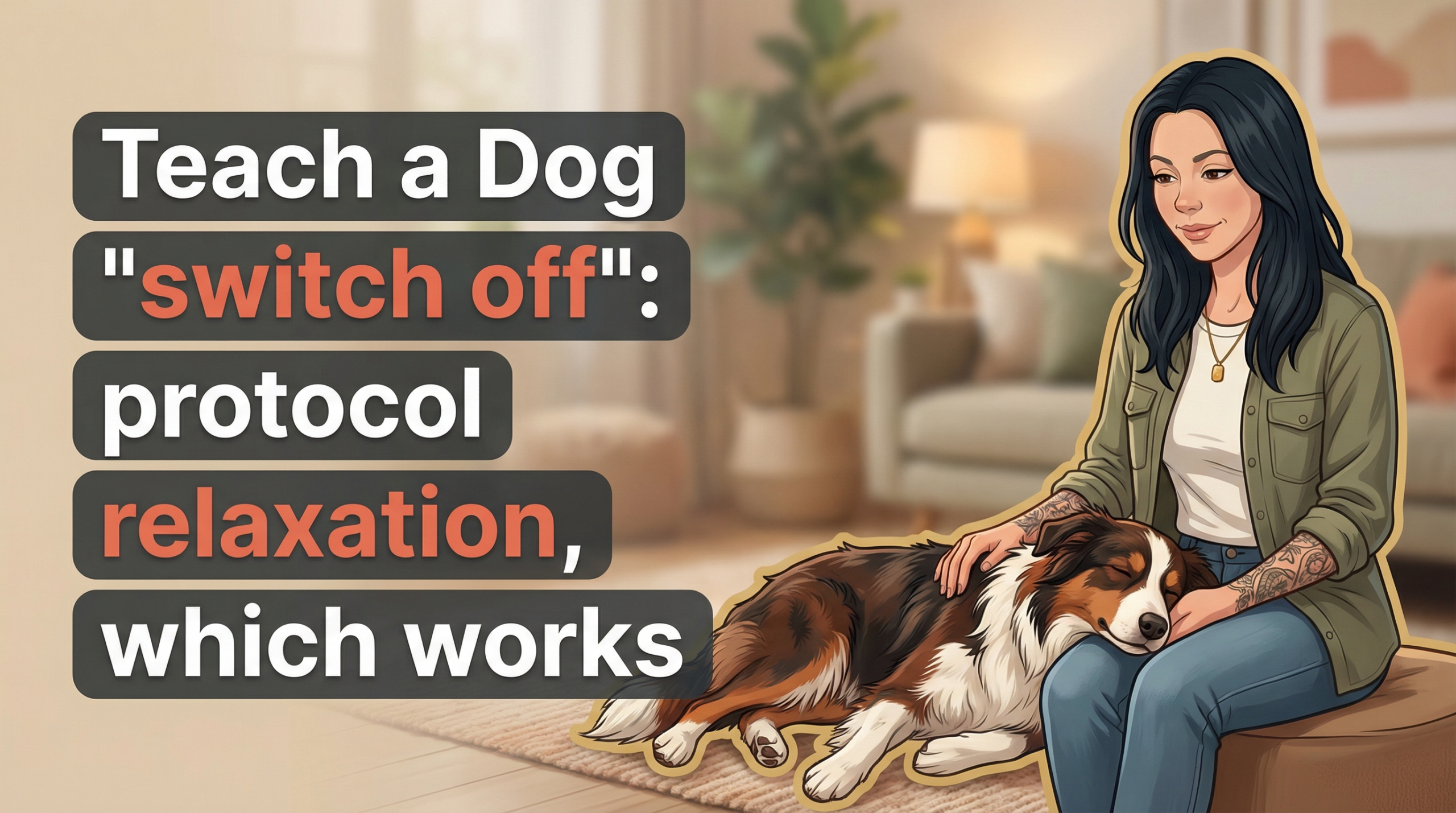 Обложка Korektika-Pes: Анна с татуировками рядом с расслабленной собакой и текстом о протоколе релаксации.