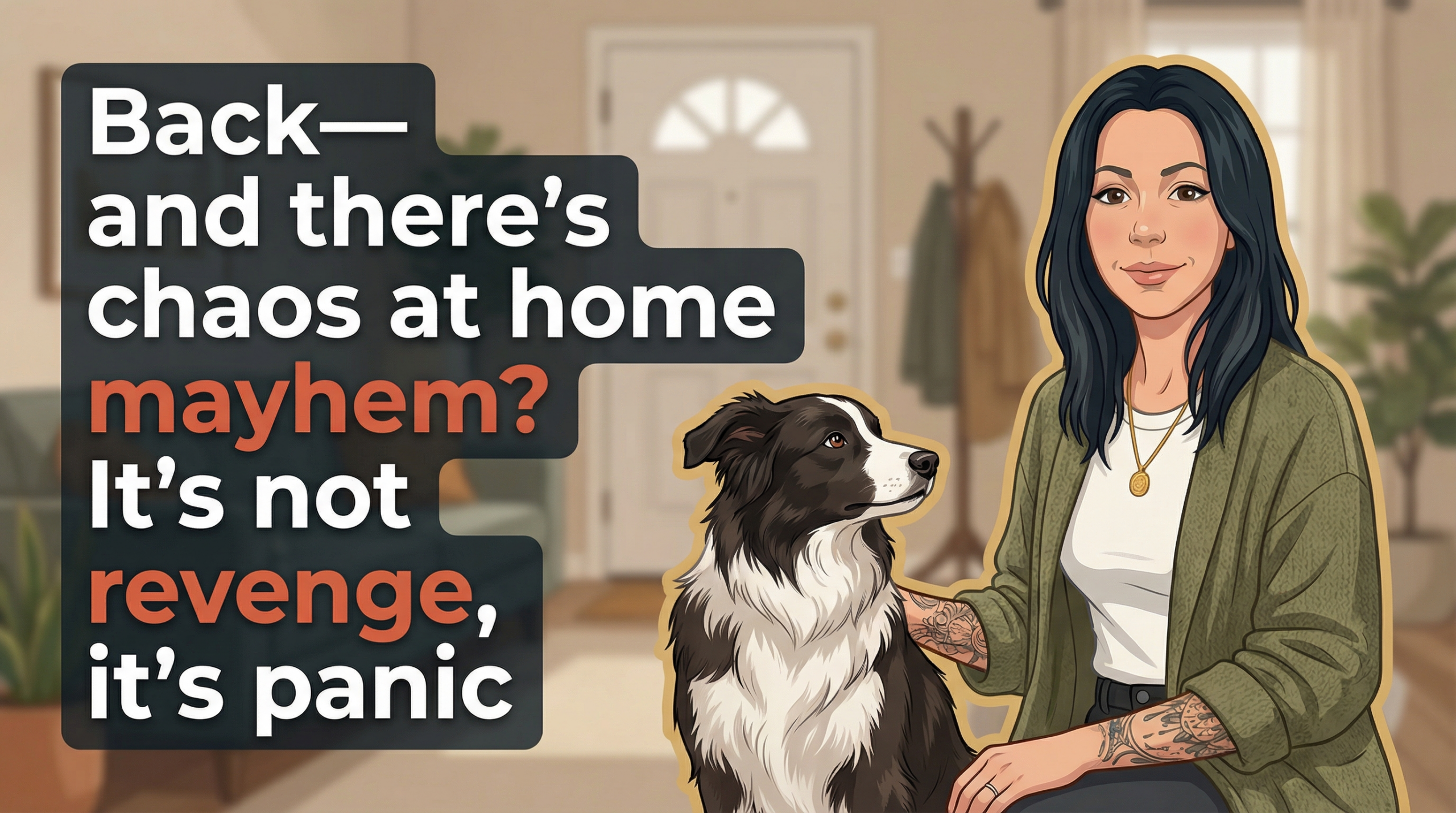 Обложка Korektika-Pes: Анна с бордер-колли на фоне двери и текст о погроме и панике.