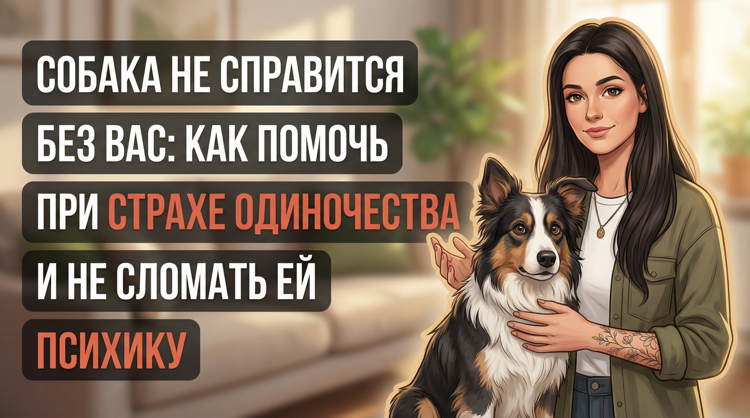 Обложка Korektika-Pes: Анна с татуировками и собака в комнате, заголовок о сепарационной тревоге.