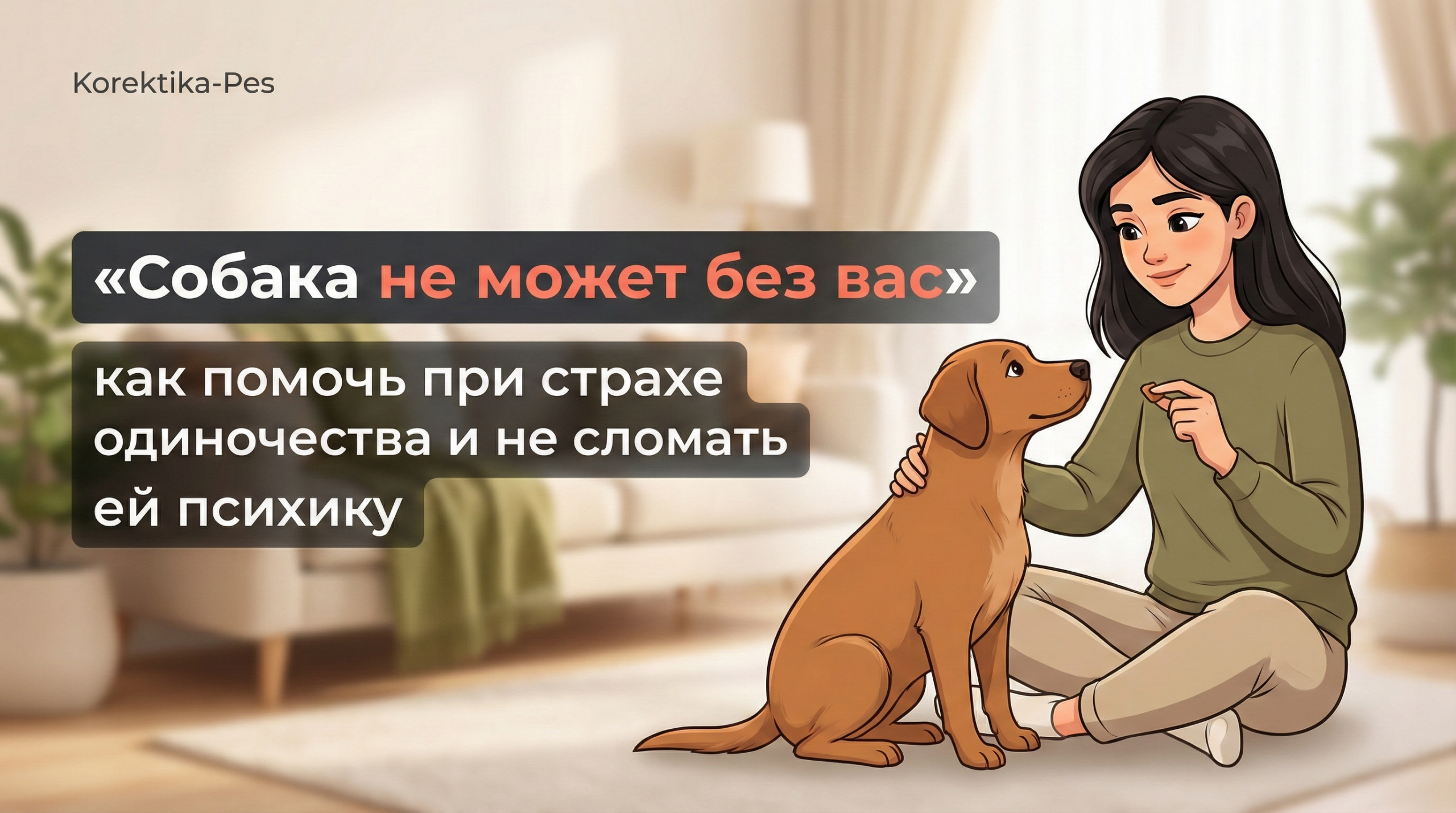 Обложка Korektika-Pes: женщина в уютной комнате успокаивает собаку с сепарационной тревогой, крупный заголовок про страх одиночества.