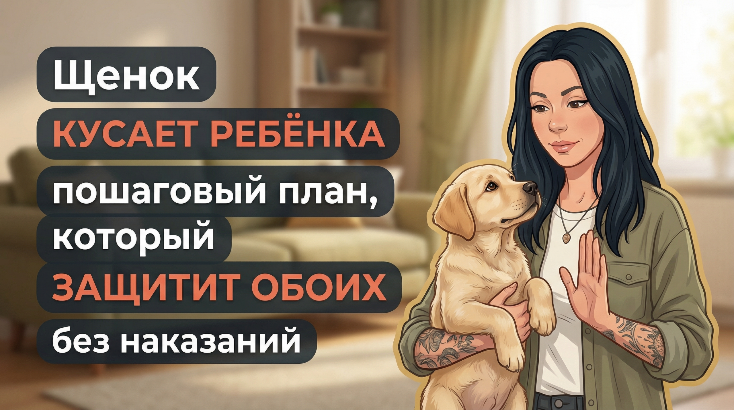 Обложка Korektika-Pes: Анна с щенком дома и текст о плане действий, если щенок кусает ребёнка.