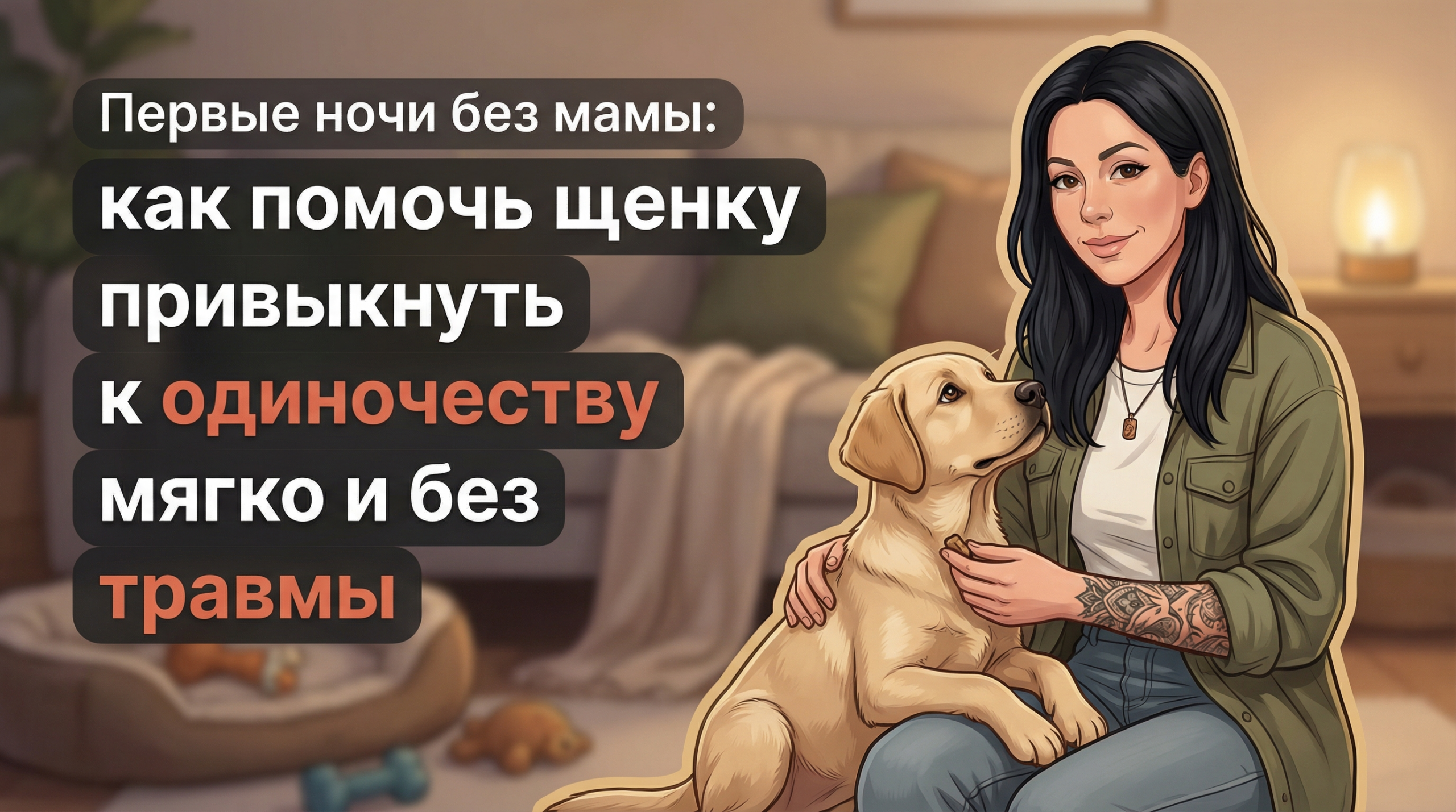 Обложка Korektika-Pes: Анна с щенком в уютной комнате и текст о первых ночах без мамы.