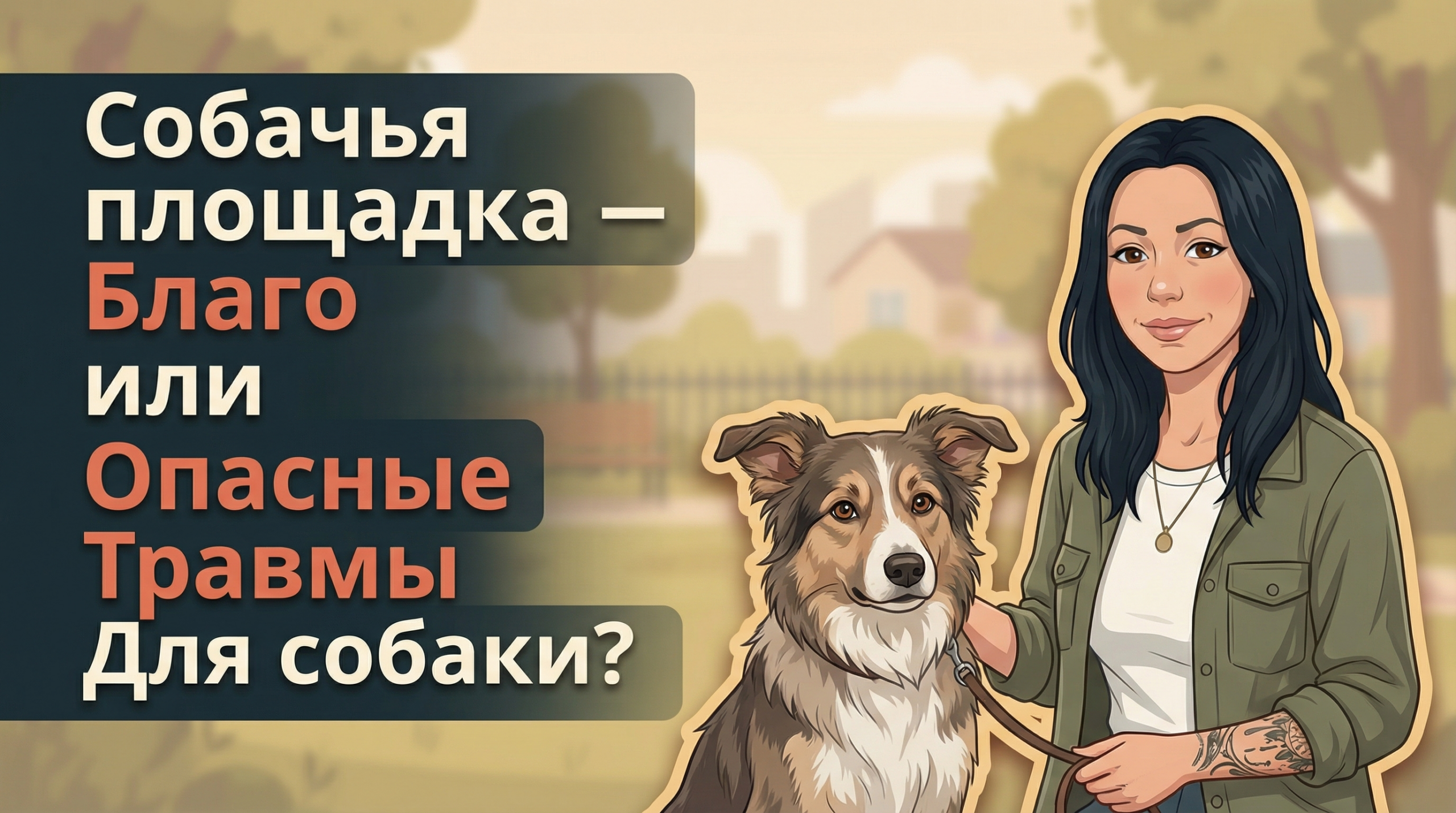 Обложка Korektika-Pes: Анна с татуировками и собакой в парке, слева заголовок о пользе и опасностях площадок.