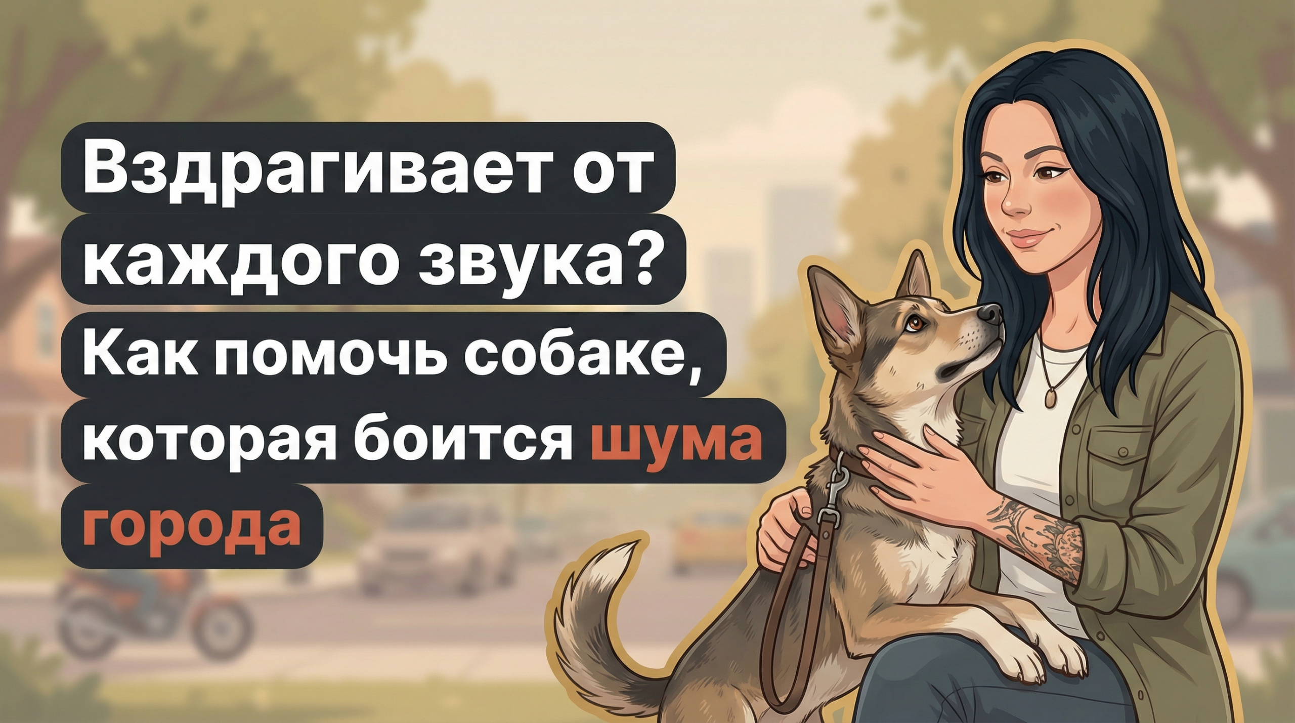 Обложка Korektika-Pes: Анна с собакой в городском парке и заголовок о страхе звуков.