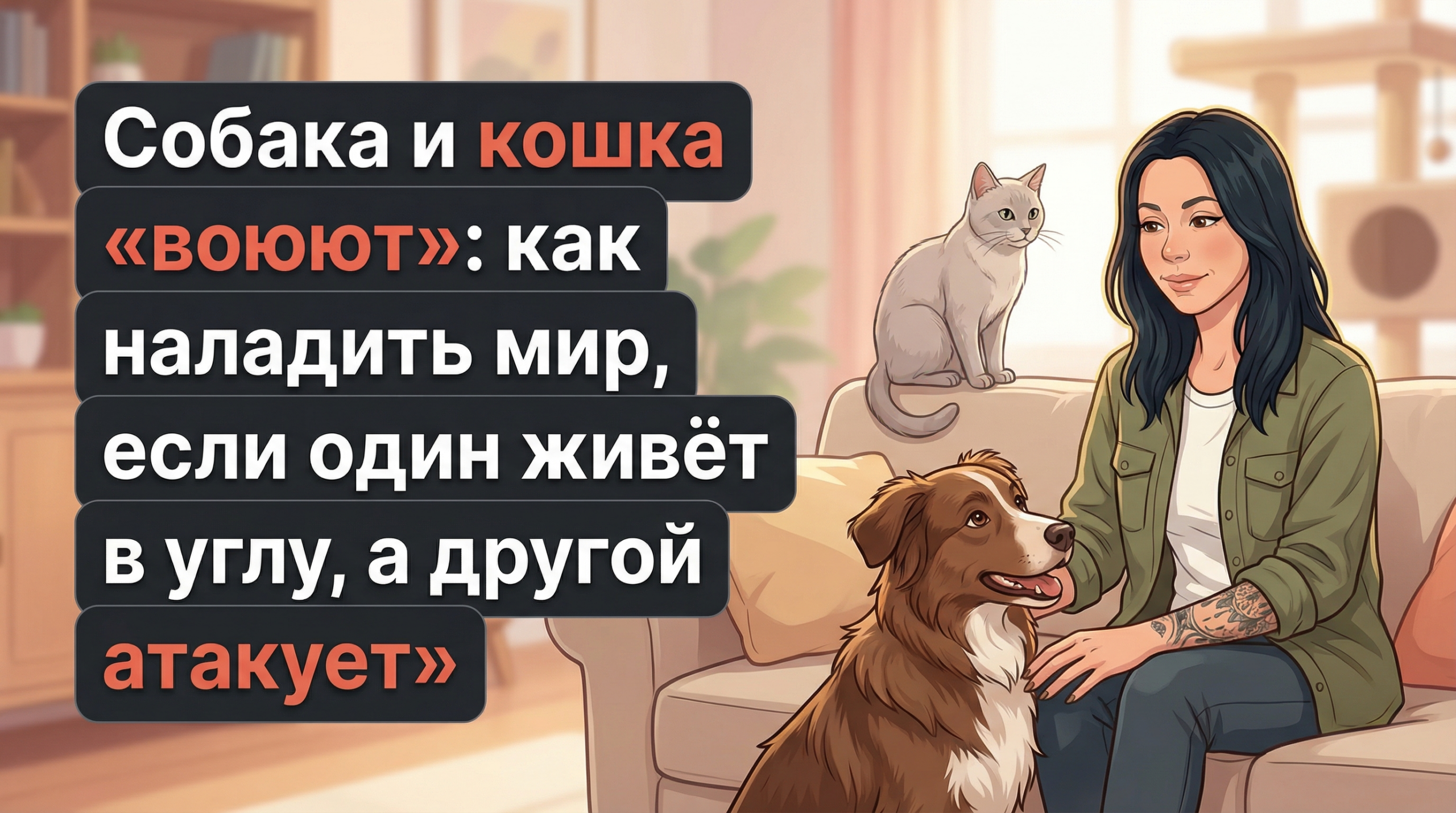 Обложка Korektika-Pes: Анна с собакой и кошкой в гостиной, текст о мире между ними.