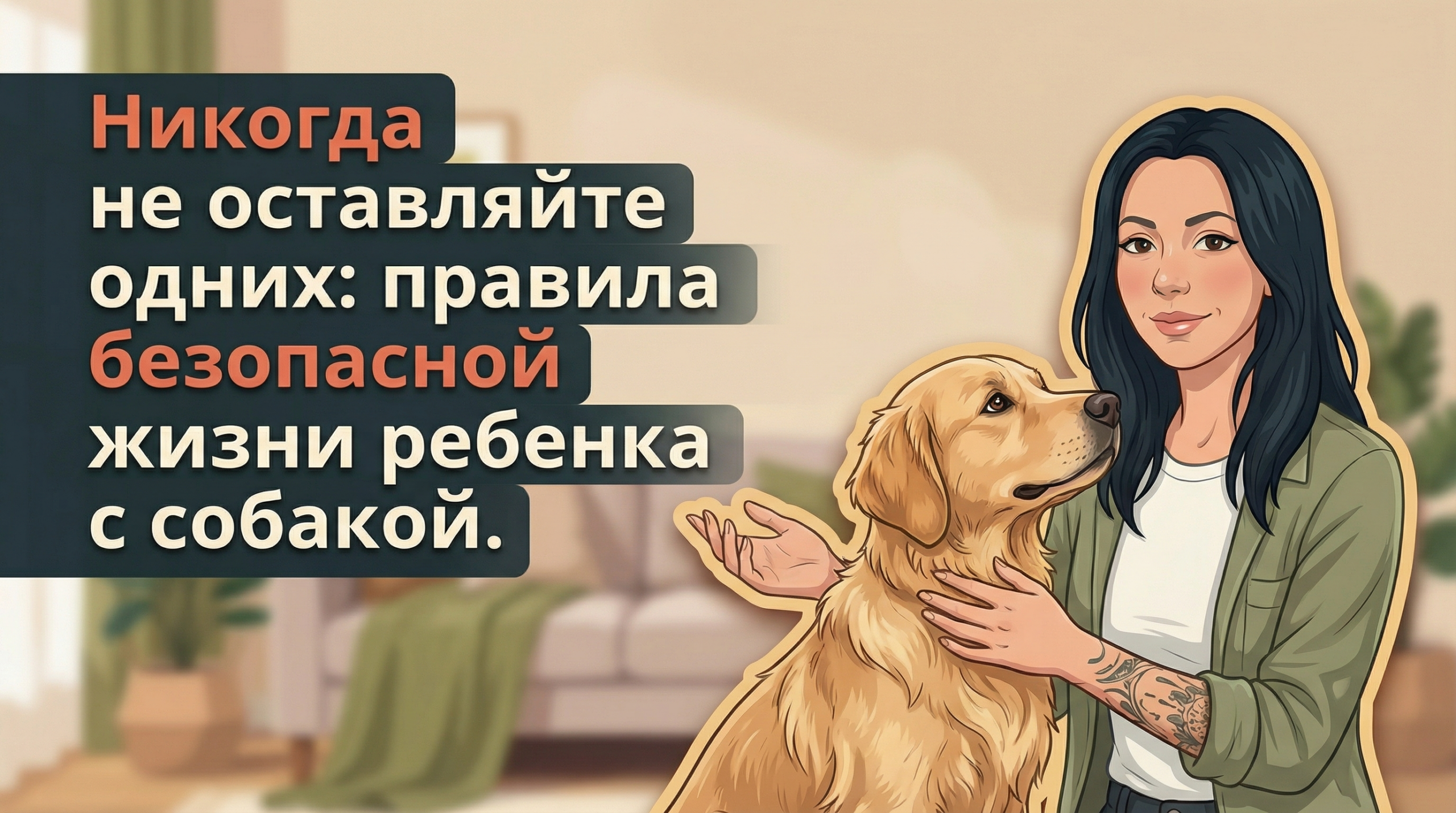 Обложка Korektika-Pes: Анна с собакой в гостиной и заголовок о безопасности ребёнка с собакой.