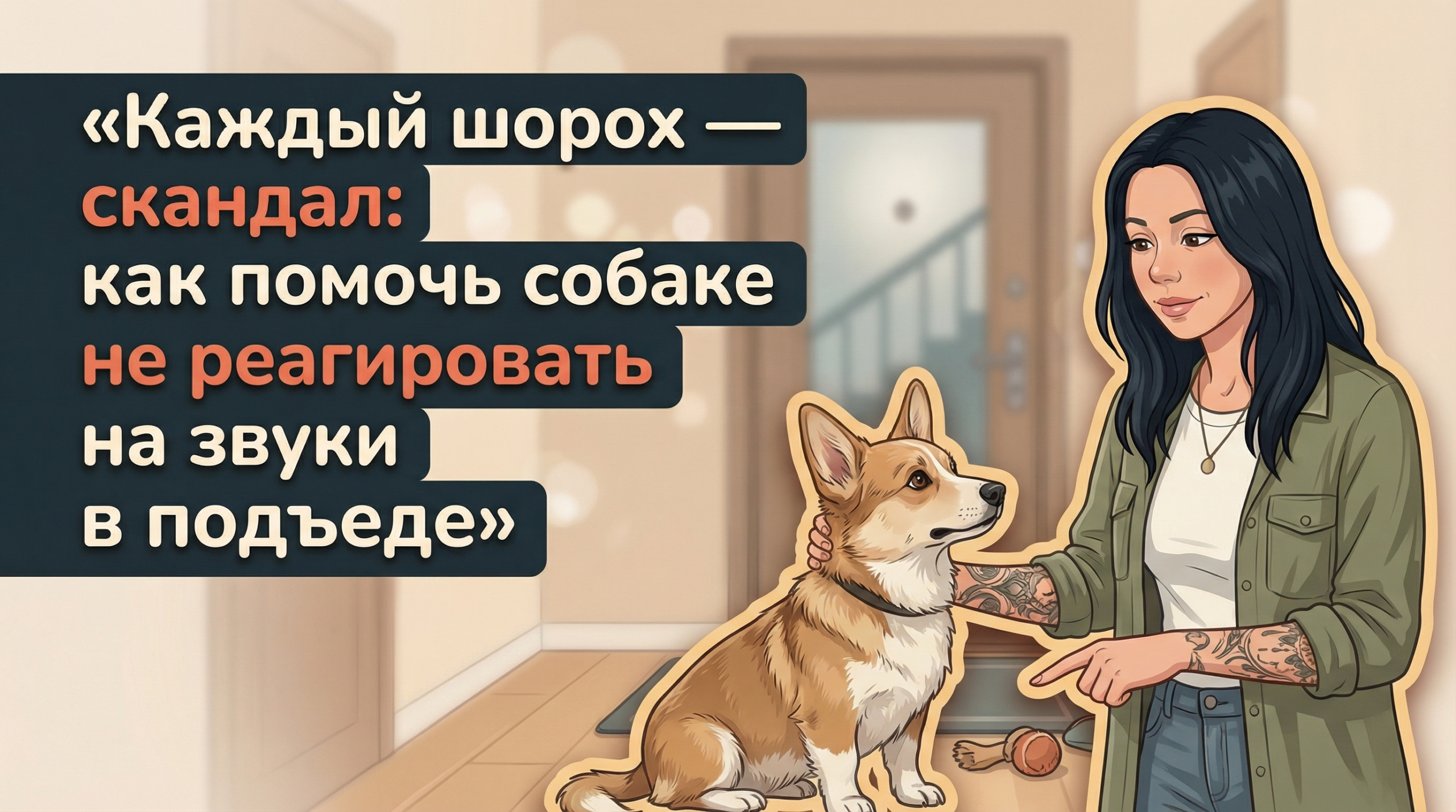 Обложка Korektika-Pes: Анна и тревожная собака у двери, текст о лае на звуки в подъезде.