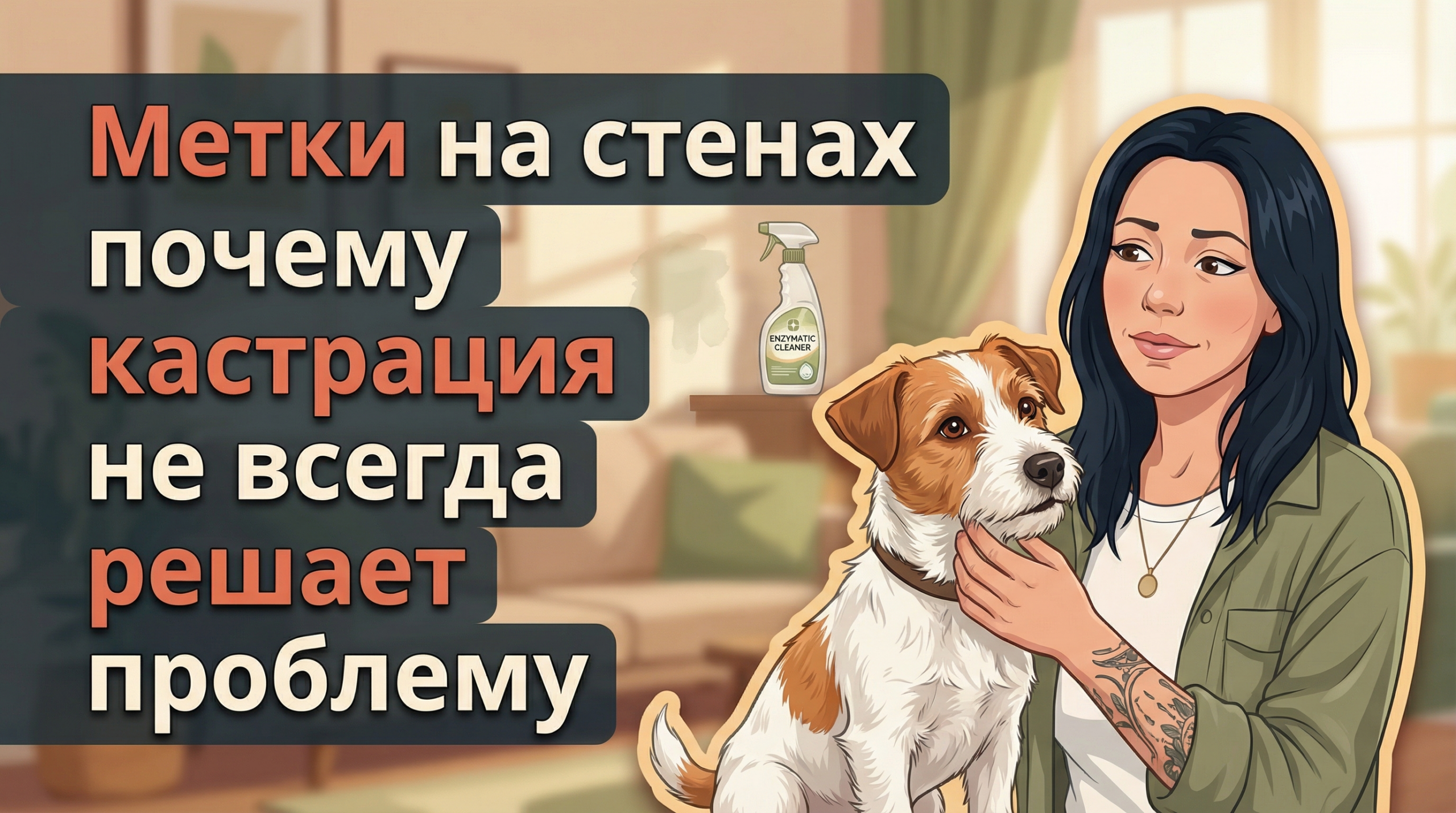 Обложка Korektika-Pes: Анна с татуировками и джек-рассел обсуждают проблему меток дома.