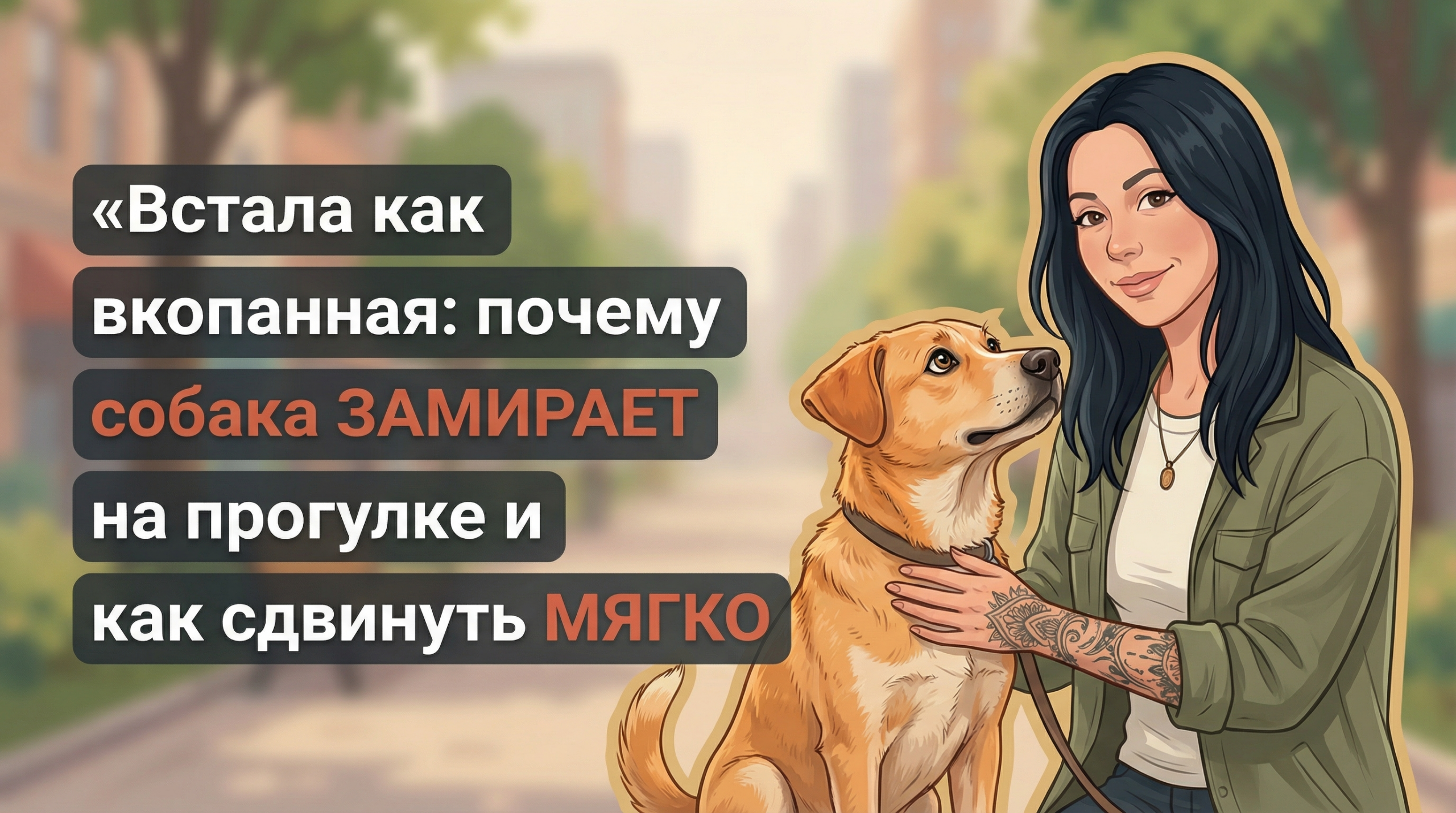 Обложка Korektika-Pes: Анна с татуировками и собака во дворе, слева заголовок о замирании на прогулке.