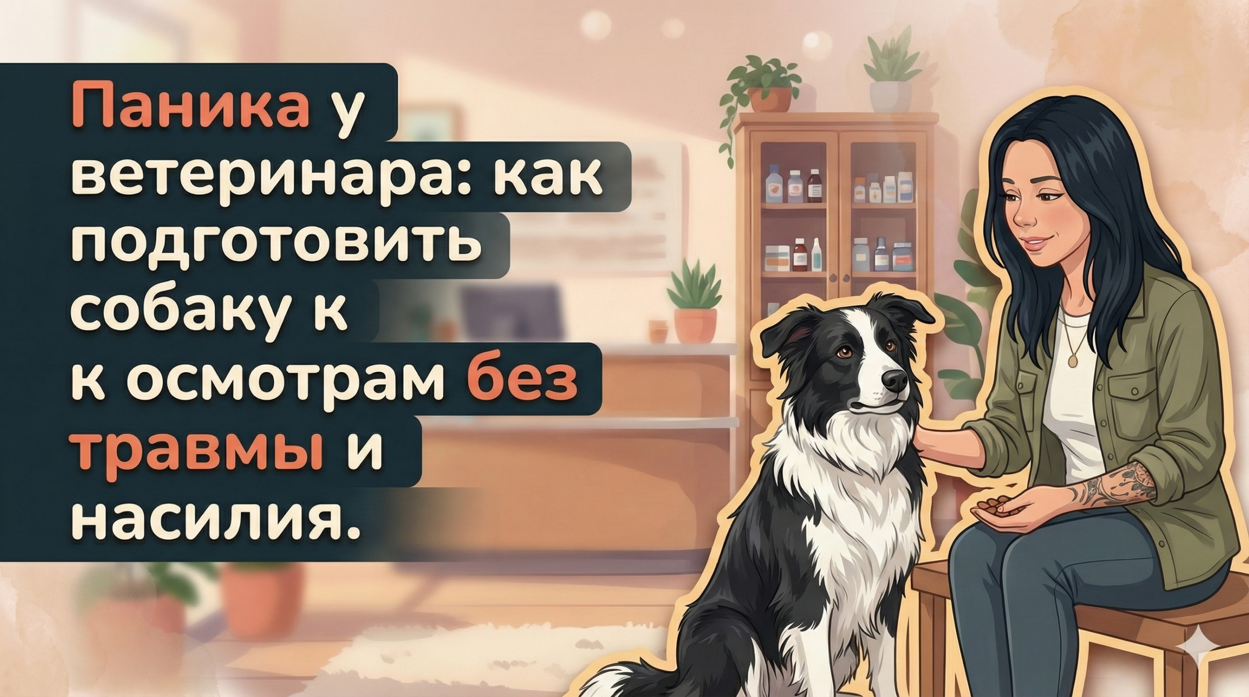 Обложка Korektika-Pes: Анна с татуировками спокойно готовит собаку к визиту к ветеринару.