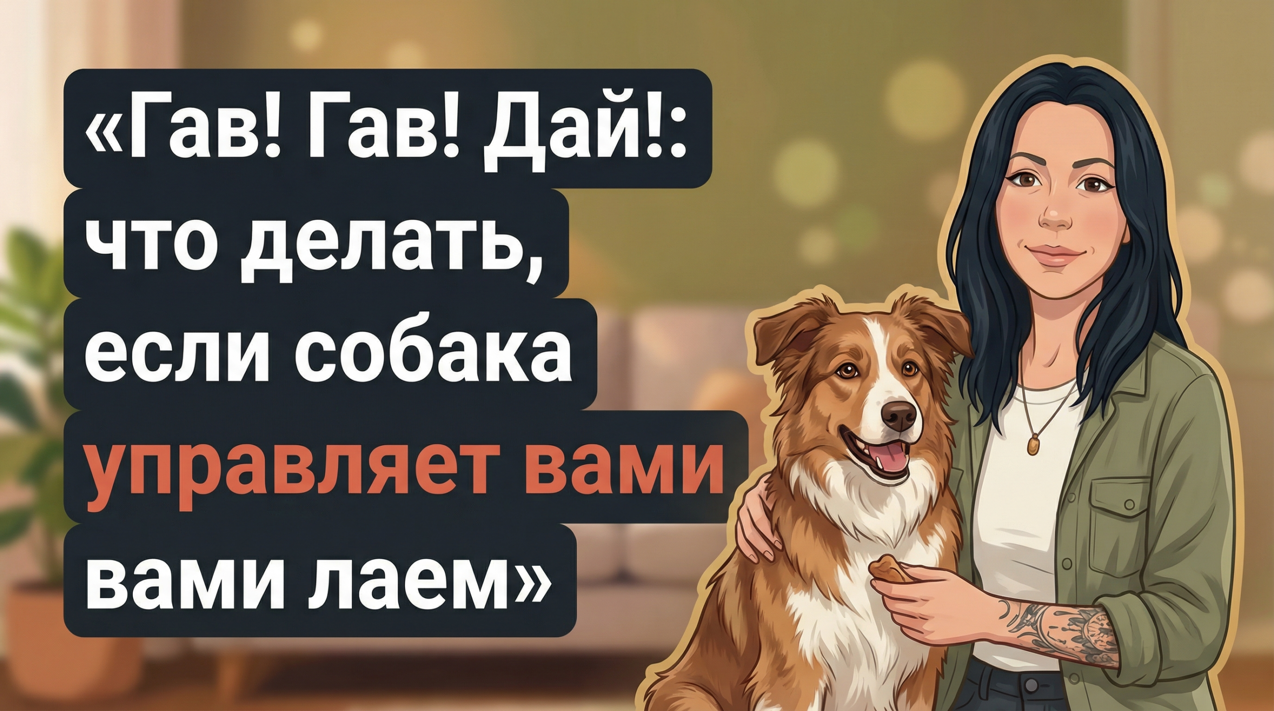 Обложка Korektika-Pes: Анна с татуировками и собакой в гостиной, слева заголовок про требовательный лай.