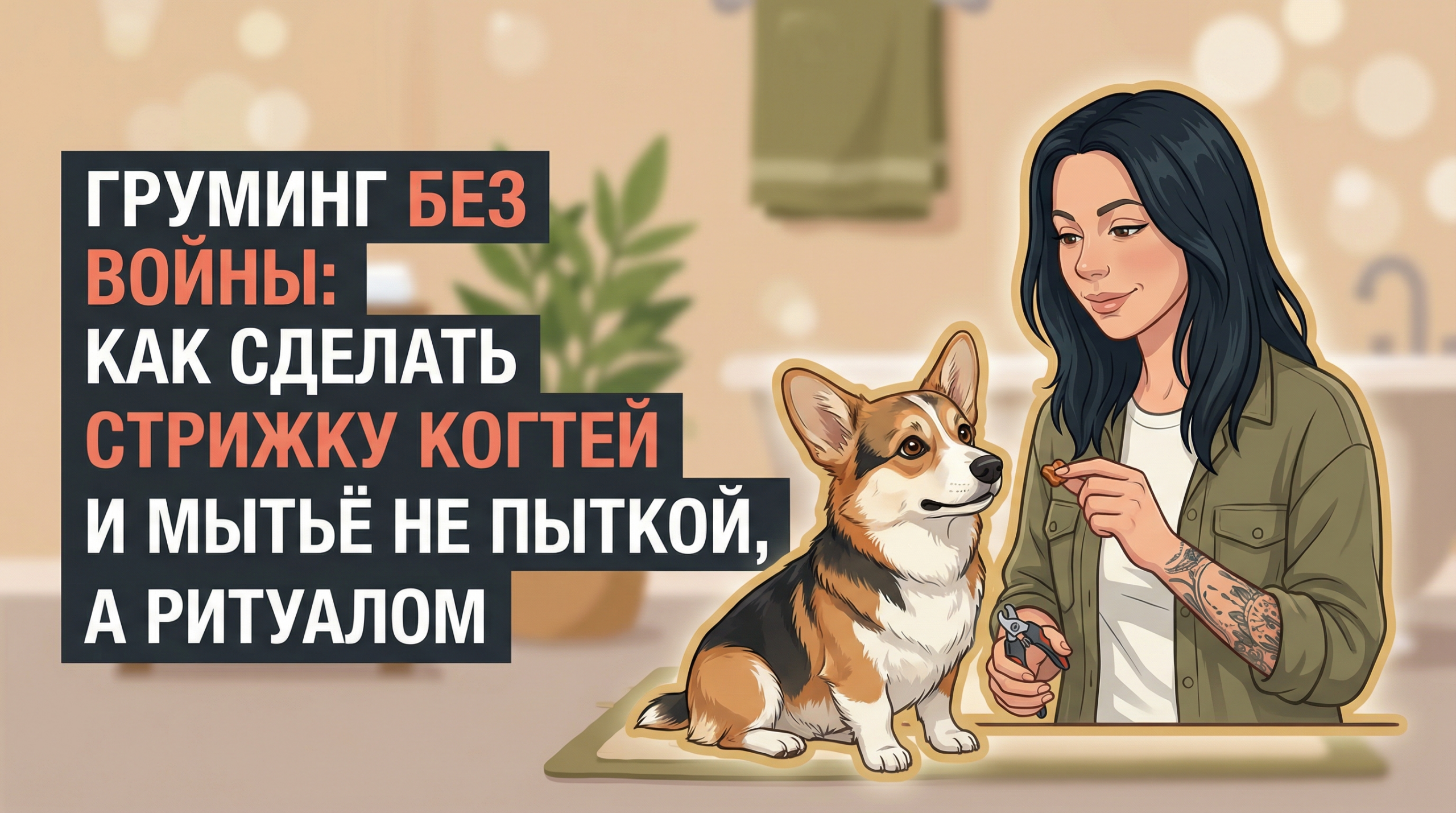 Обложка Korektika-Pes: Анна с татуировками и корги демонстрируют спокойный домашний груминг собаки.