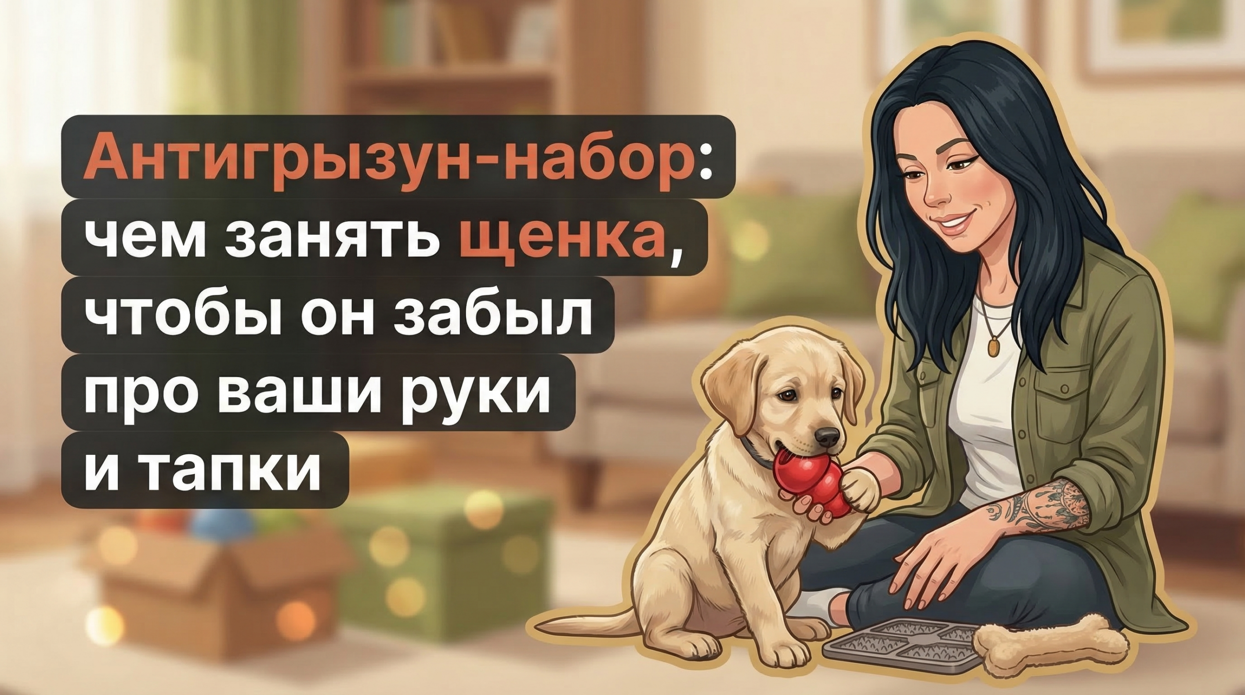 Обложка Korektika-Pes: Анна и щенок лабрадора с конгом и жевательными игрушками дома.