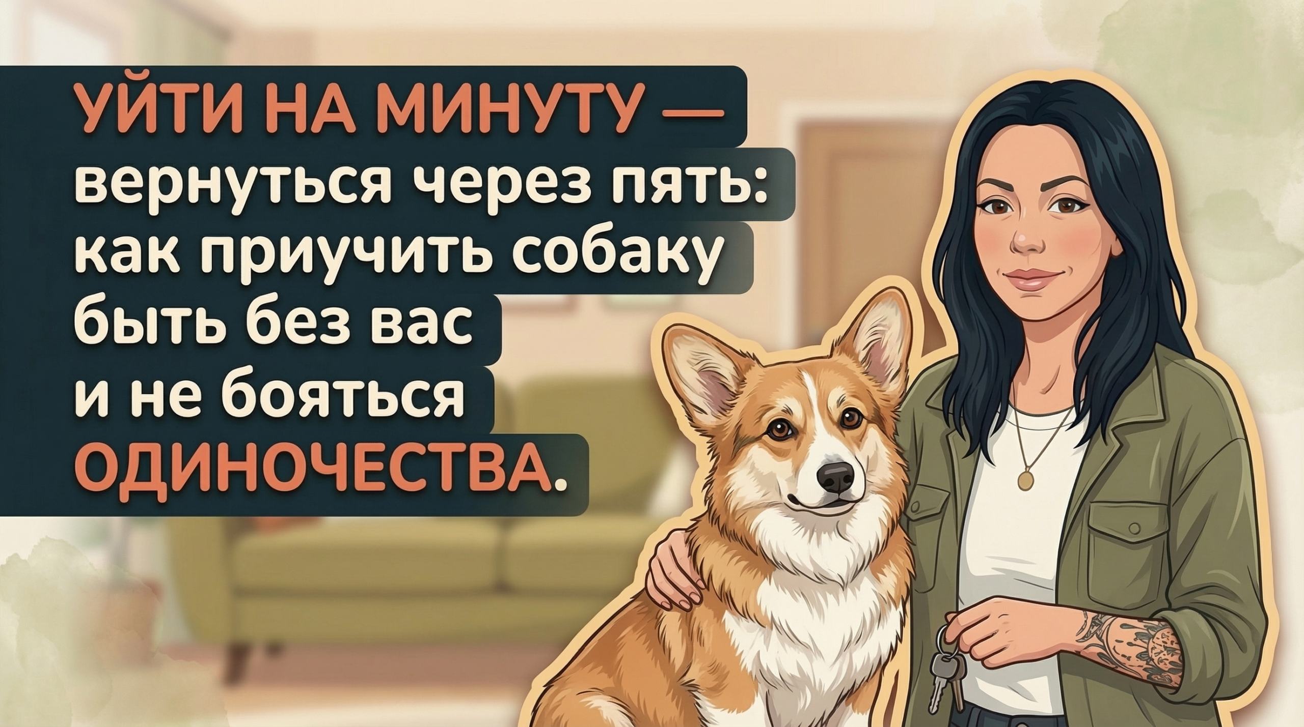 Обложка Korektika-Pes: Анна с собакой дома, заголовок про то, как приучить собаку быть одной.