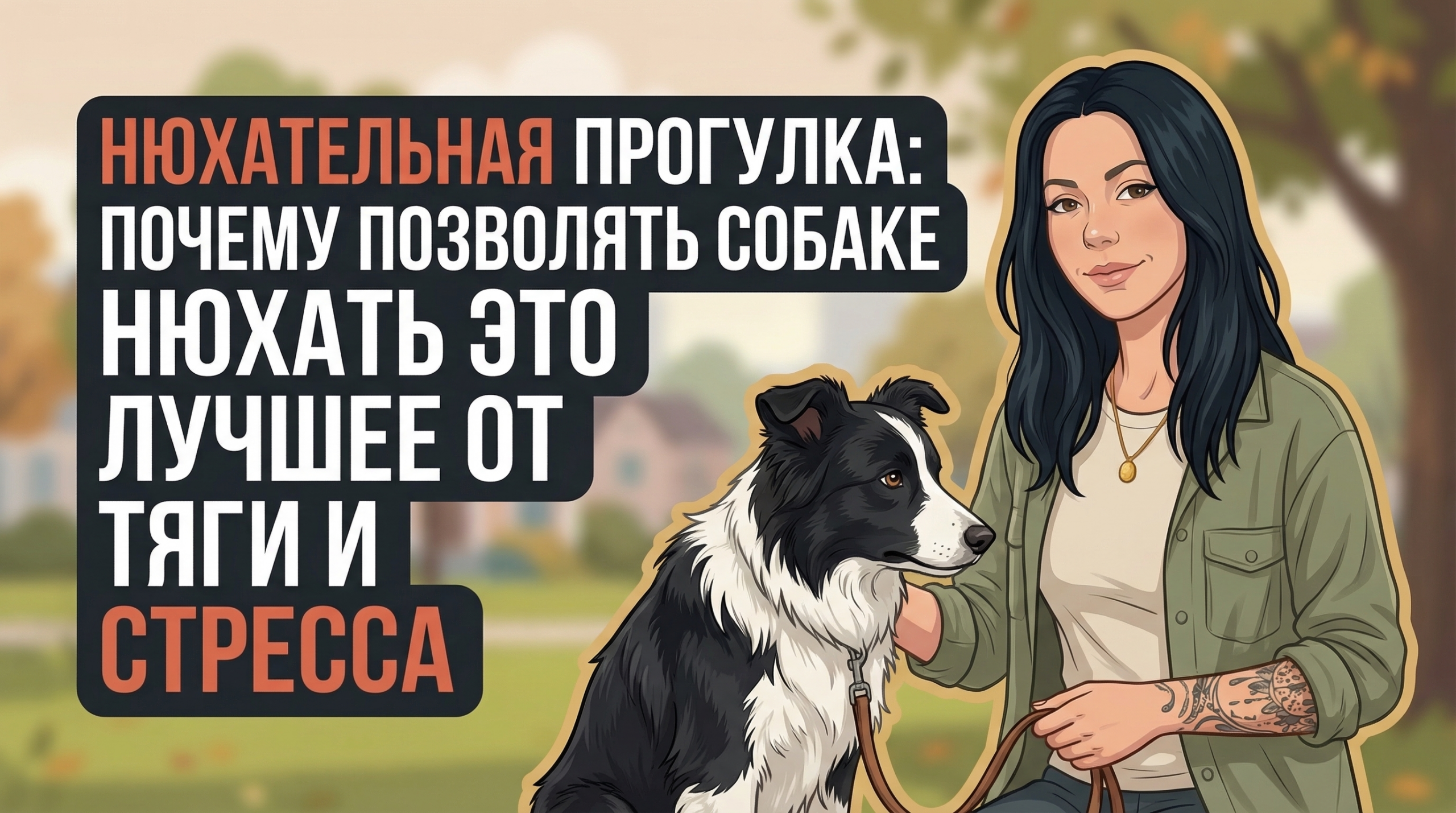 Обложка Korektika-Pes: Анна с бордер-колли в парке и заголовок о нюхательной прогулке.