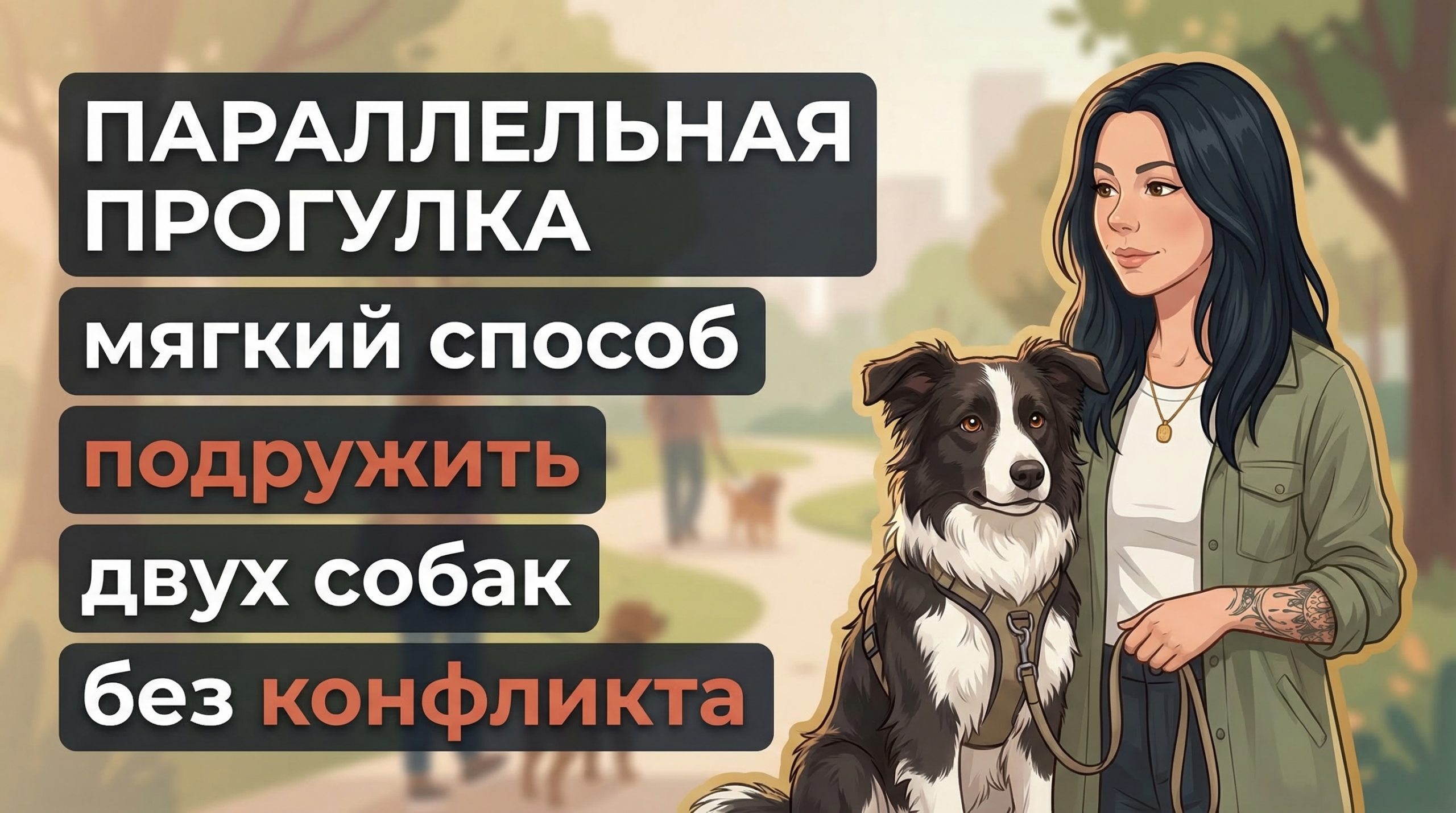 Анна Korektika-Pes с собакой в парке и заголовком о параллельной прогулке без конфликта.