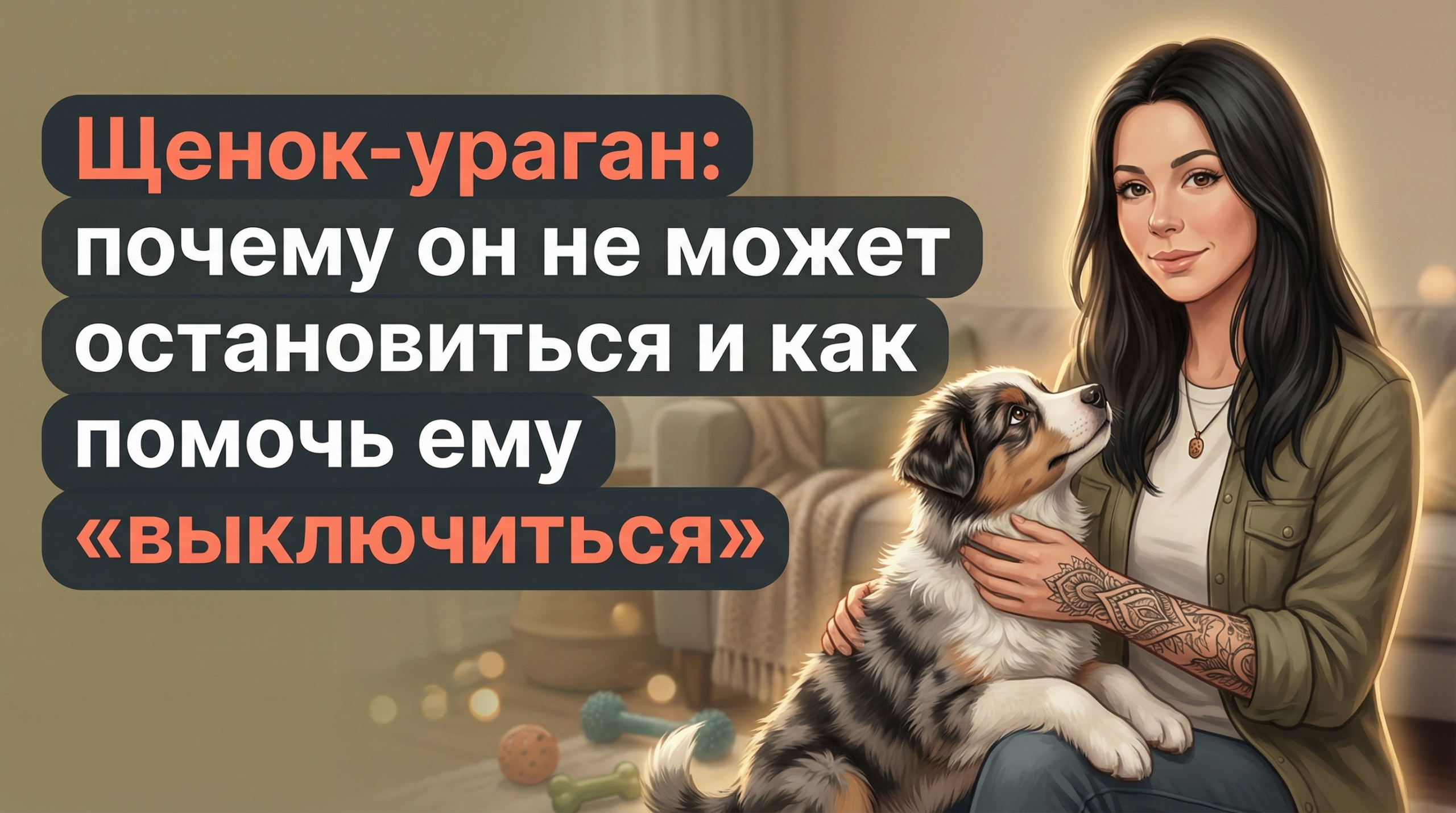 Обложка Korektika-Pes: Анна с татуировками и энергичным щенком в комнате, текст о перевозбуждении.