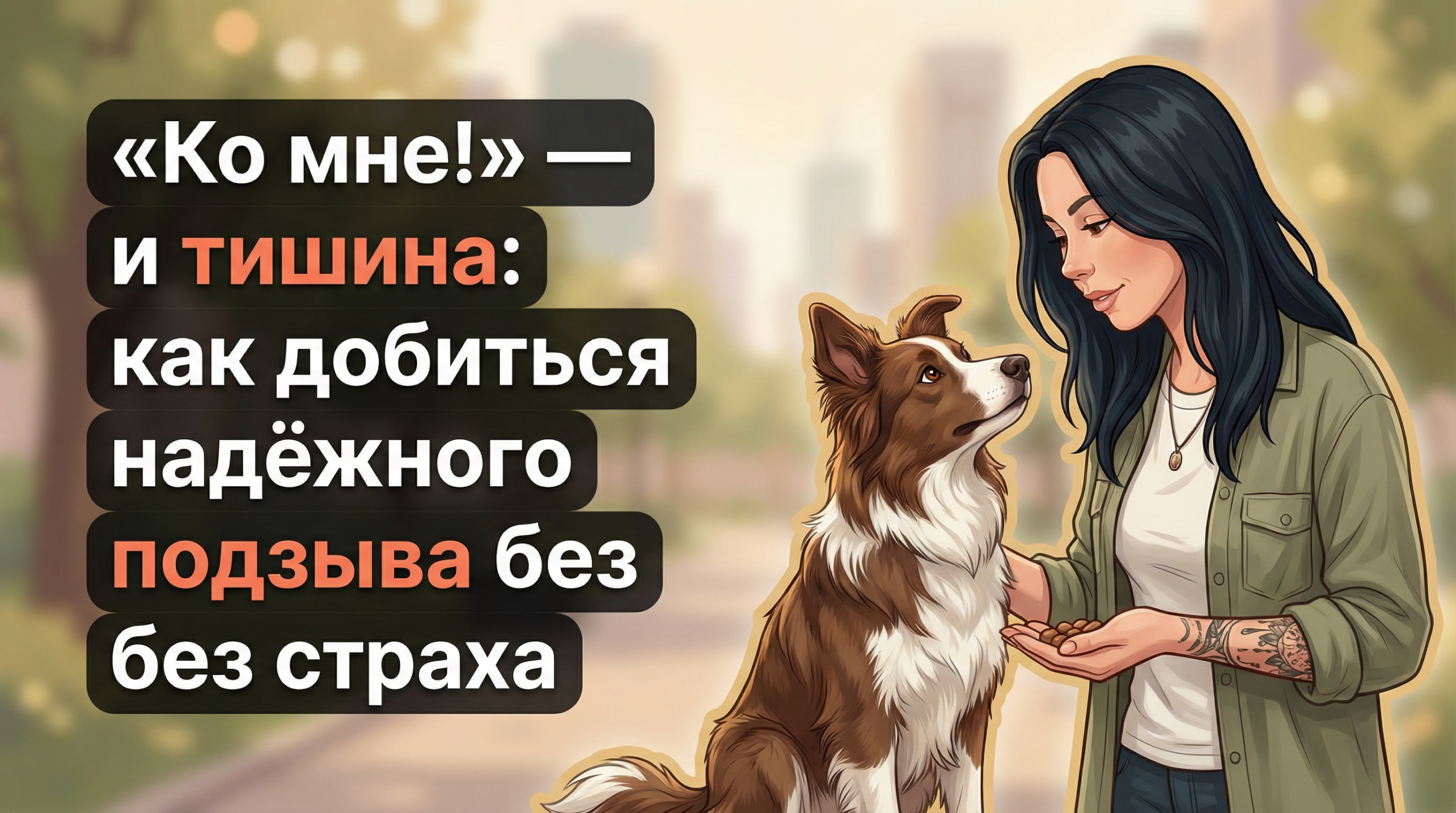 Обложка Korektika-Pes: Анна с бордер-колли в парке и заголовок о надёжном подзыве без страха.