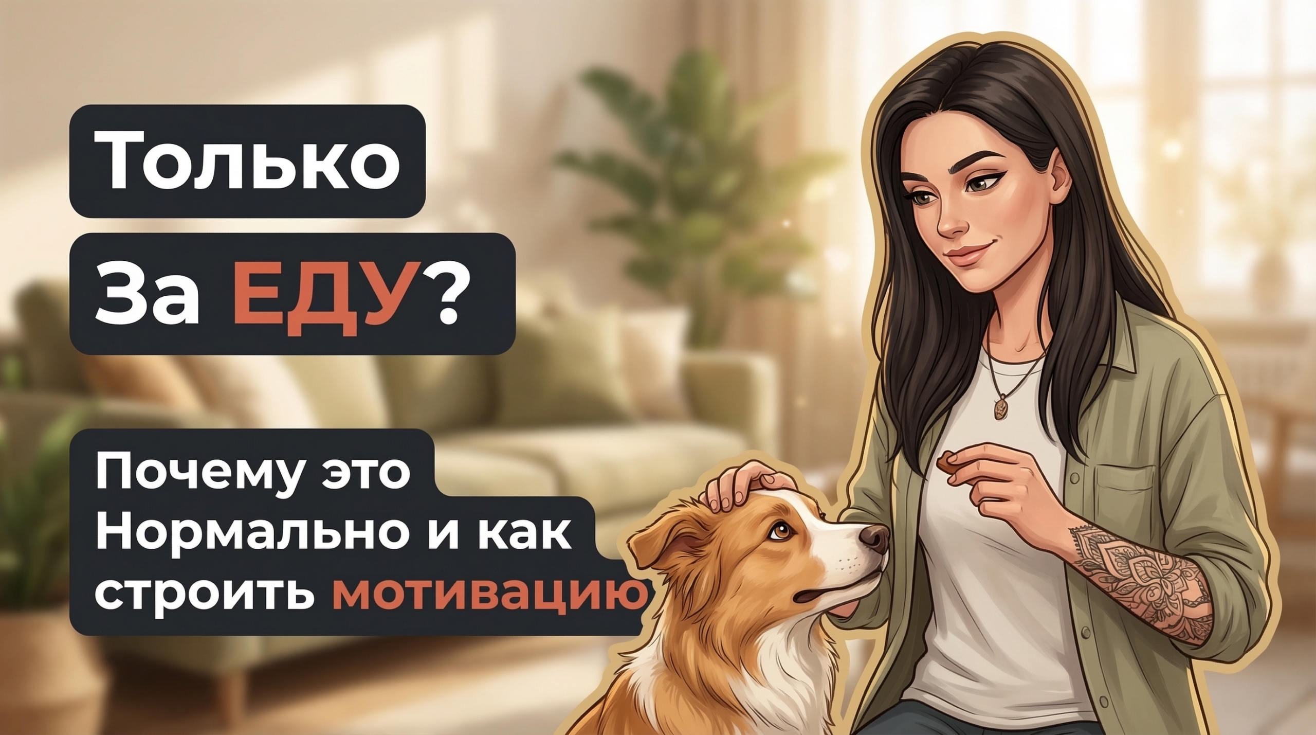 Анна из Korektika-Pes с собакой дома и заголовком про мотивацию едой без наказаний.