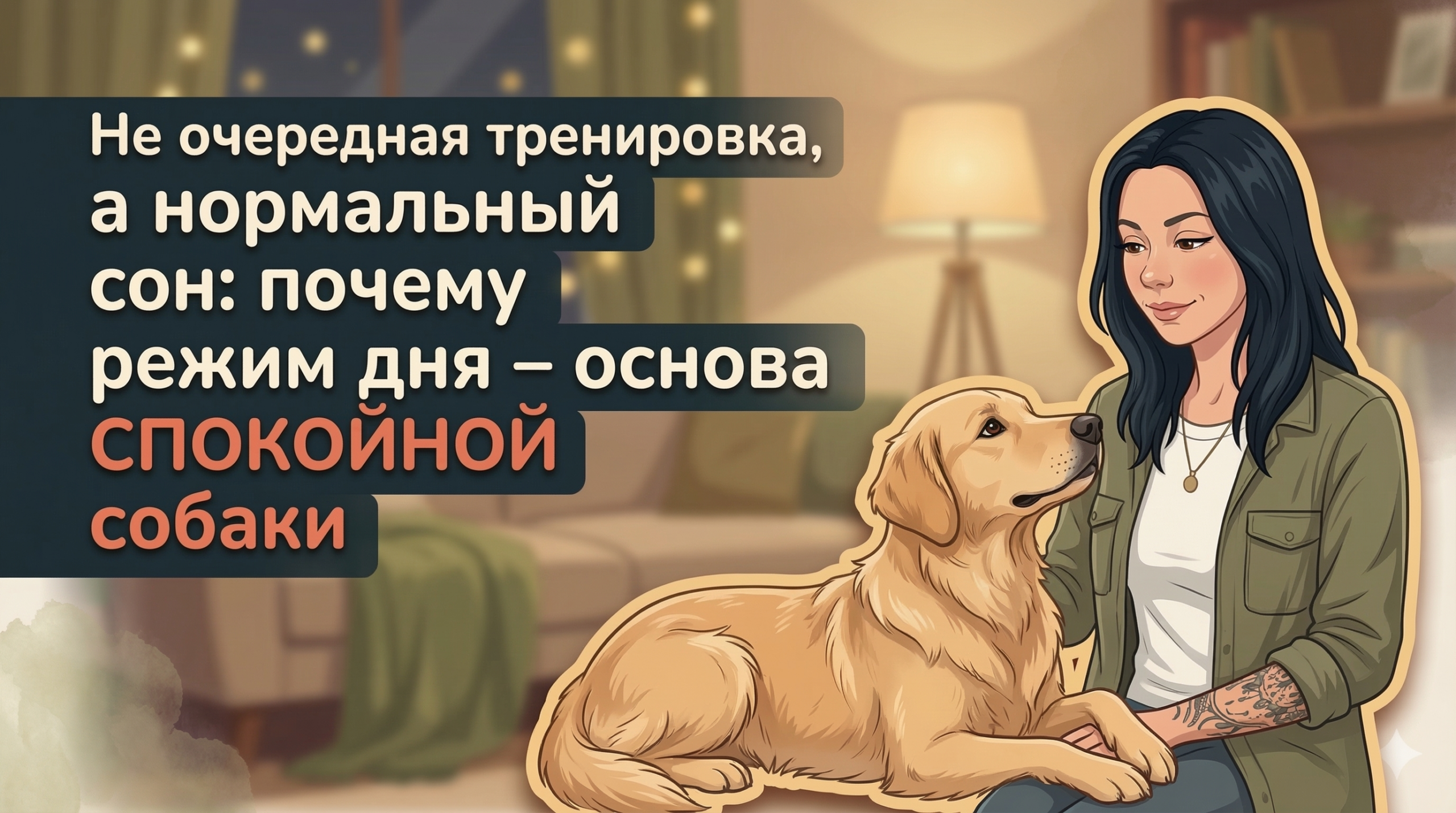 Обложка Korektika-Pes: Анна с ретривером в уютной комнате, заголовок про режим дня и сон.