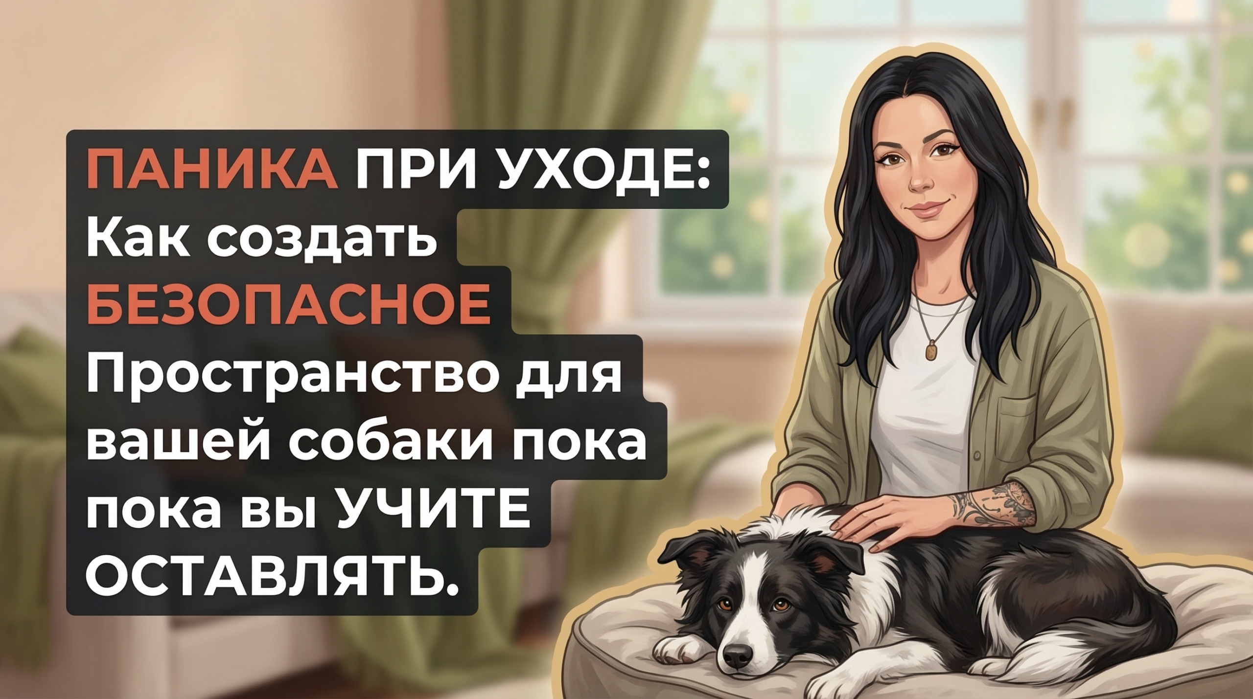 Обложка Korektika-Pes: Анна с татуировками и бордер-колли в гостиной, заголовок про панику при уходе.