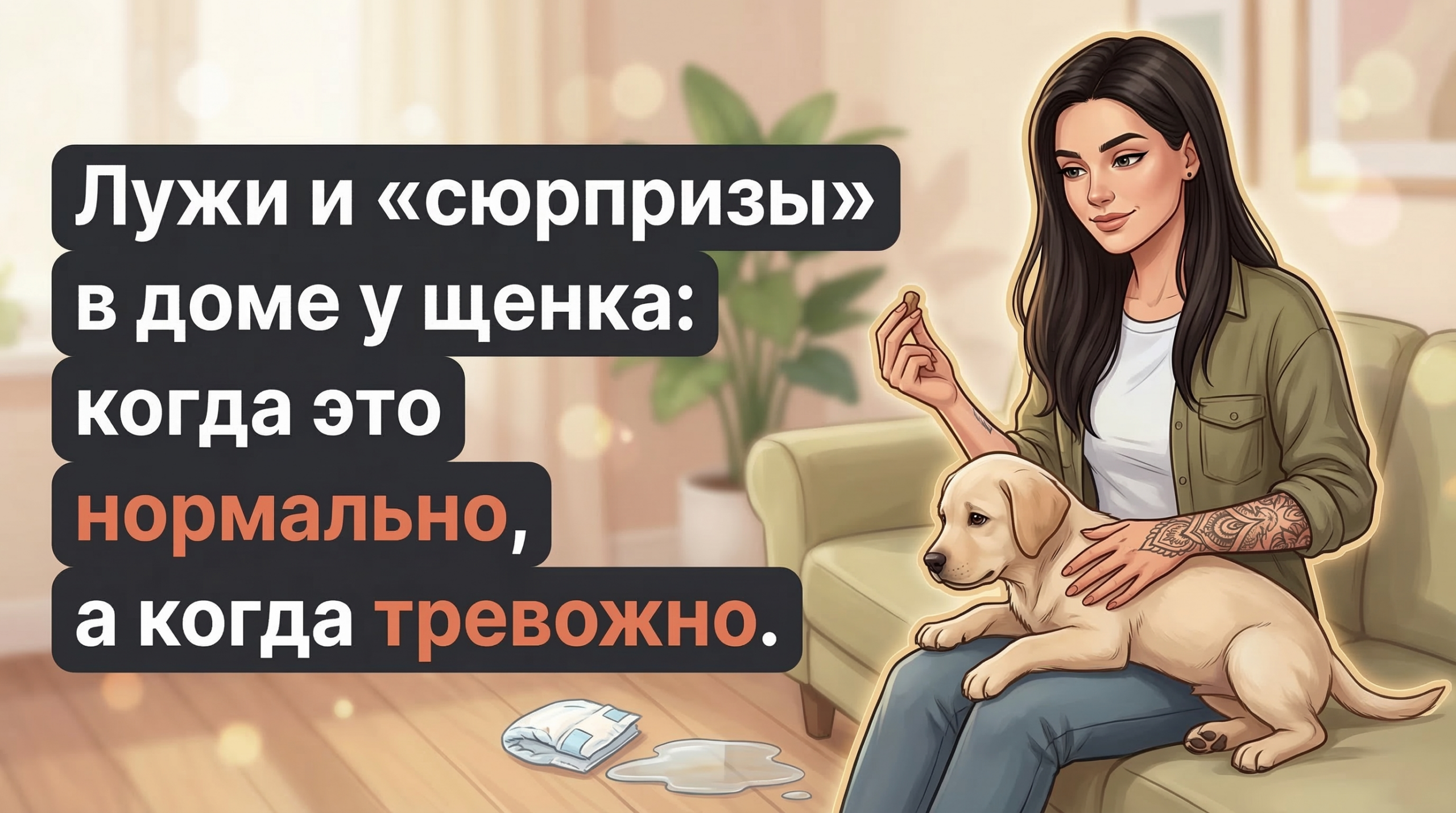 Обложка Korektika-Pes: Анна с щенком и лужей на полу, заголовок про лужи дома.