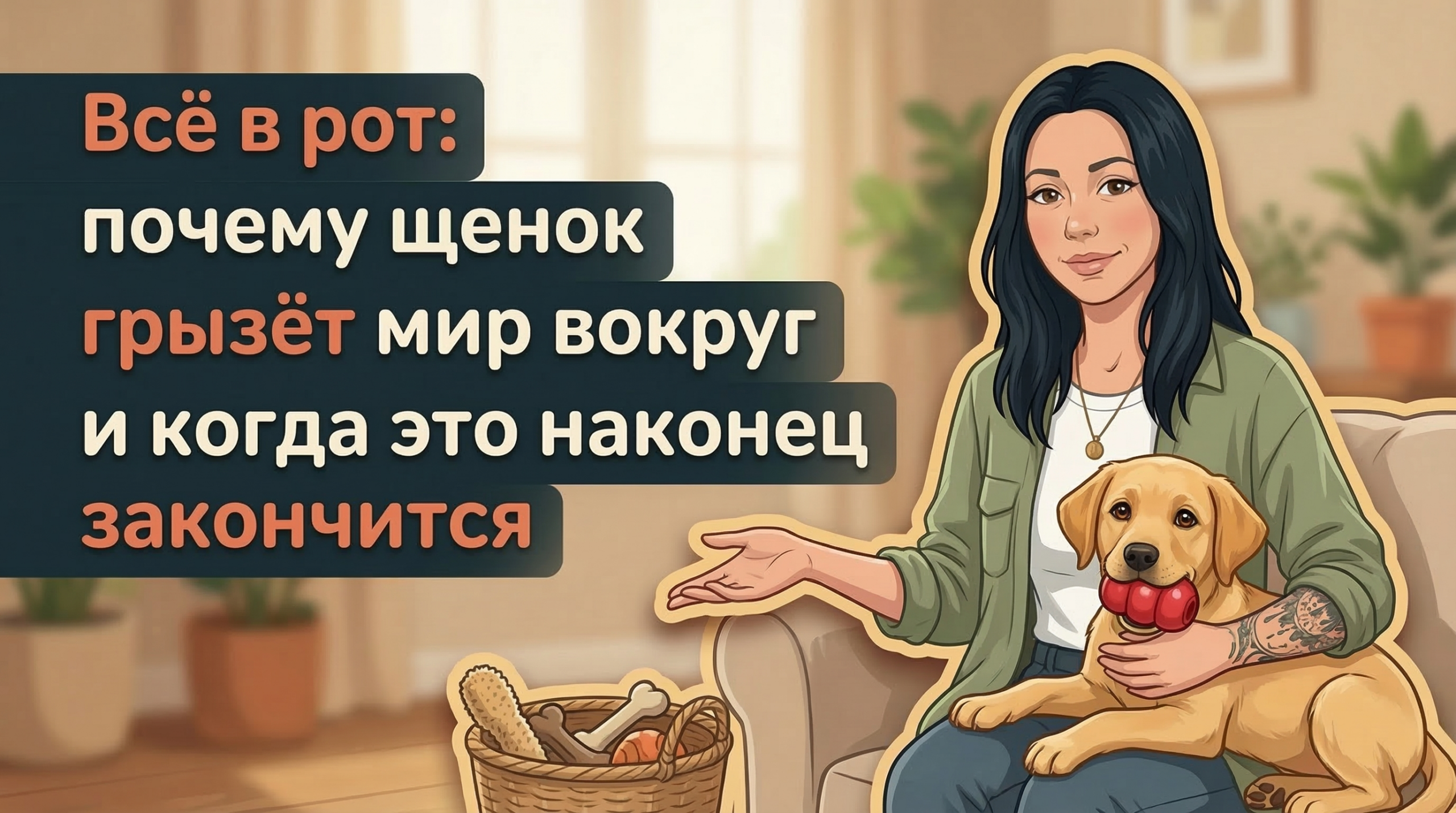 Анна Korektika-Pes с щенком и игрушкой-конг на диване, заголовок о том, что щенок грызёт всё.