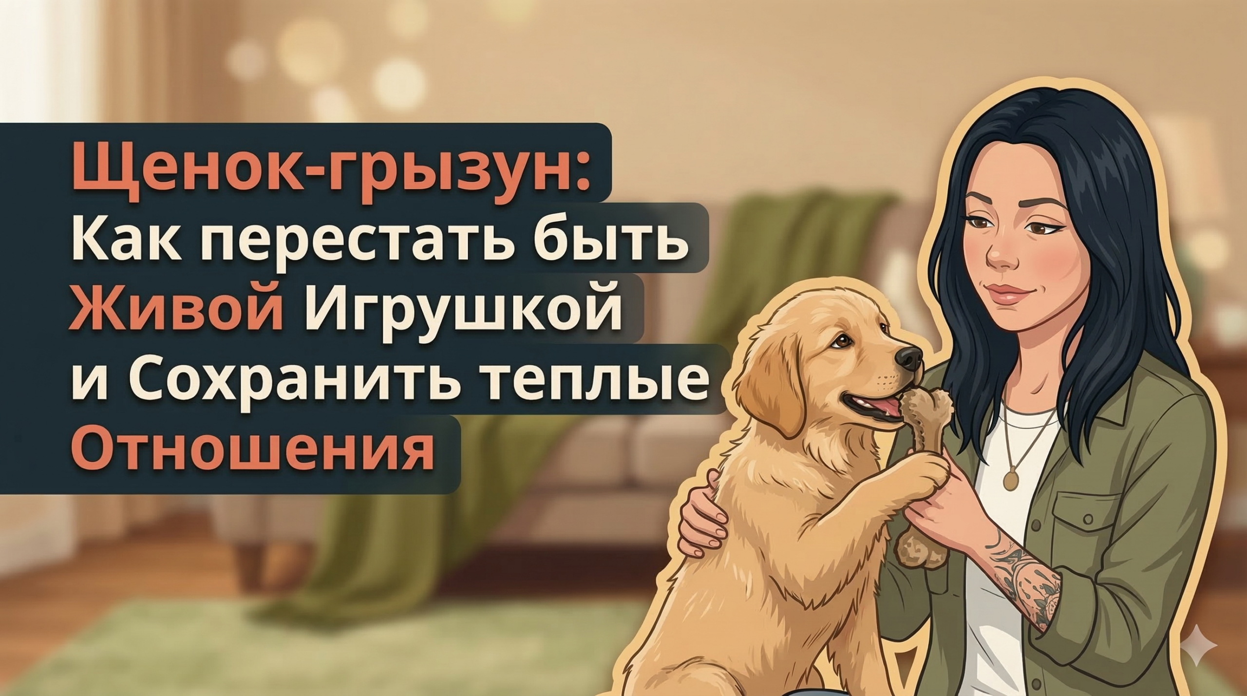 Анна из Korektika-Pes с щенком в гостиной, даёт игрушку вместо рук, заголовок о щенке-грызунe.