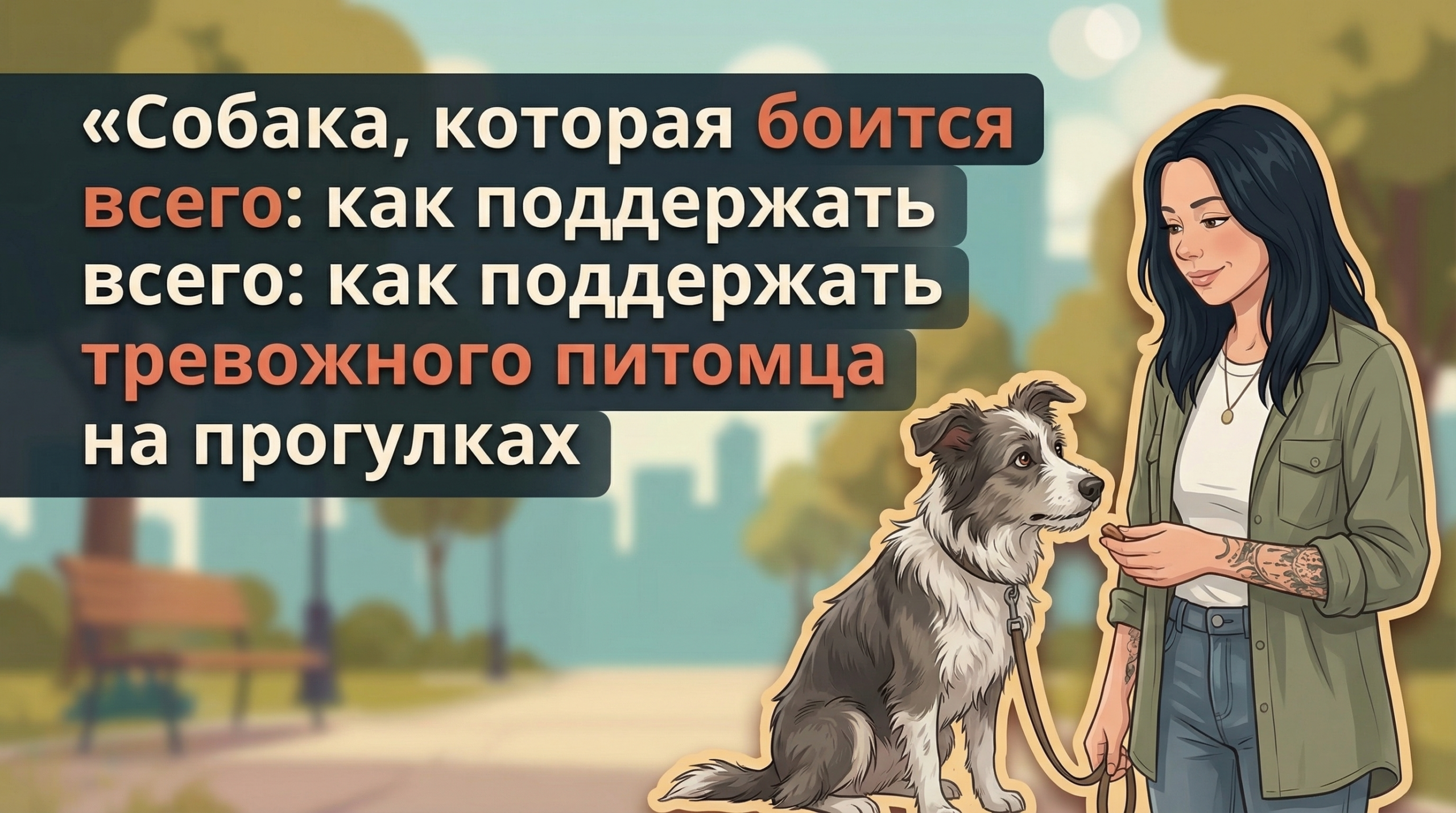 Обложка Korektika-Pes: Анна с татуировками поддерживает тревожную собаку в парке, заголовок про страх улицы.