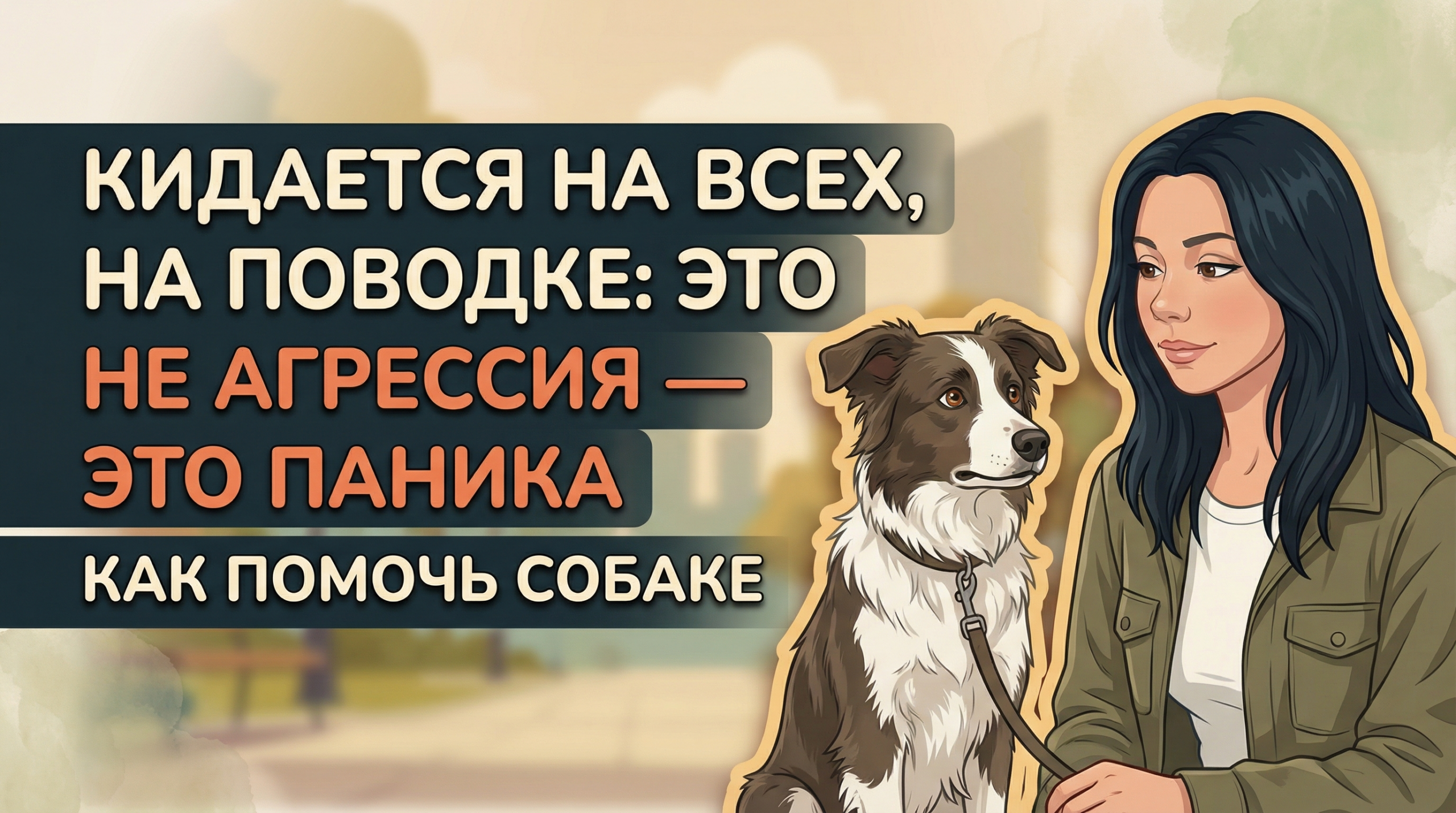 Обложка Korektika-Pes: Анна с татуировками и собакой на поводке в парке, текст о панике, а не агрессии.