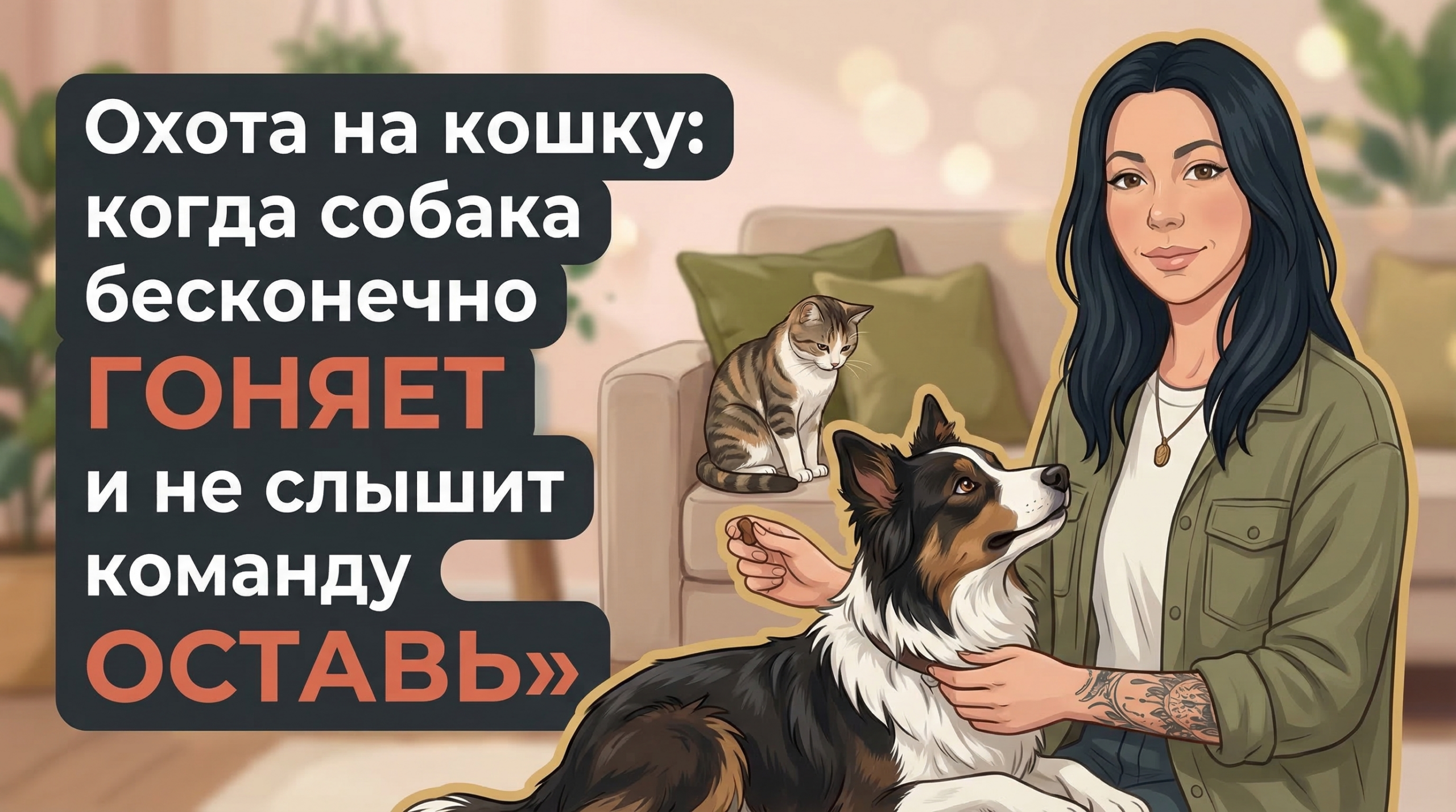 Анна Korektika-Pes с собакой и кошкой в комнате и текст о том, что собака гоняет кошку.