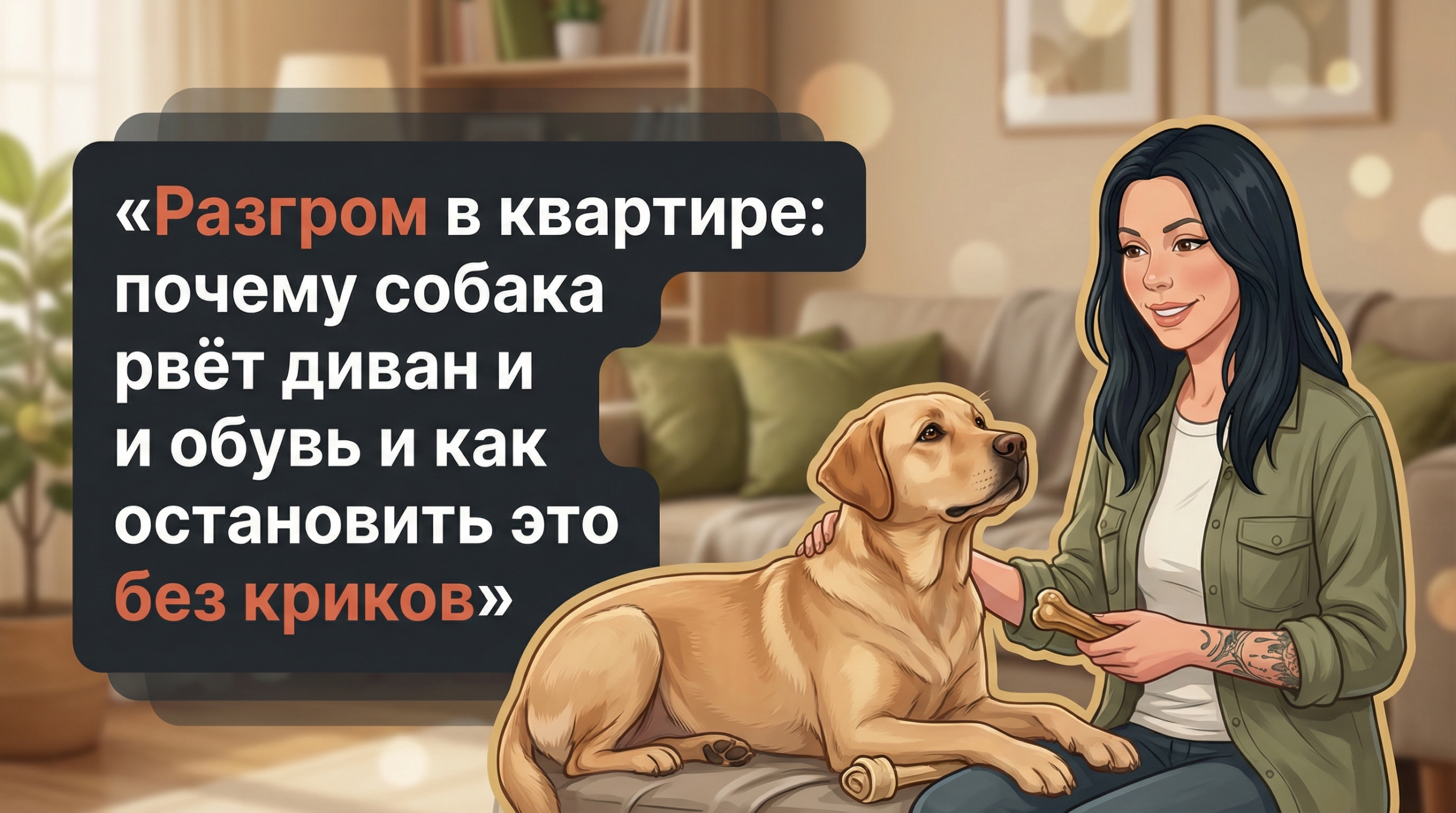 Обложка Korektika-Pes: Анна с собачкой в гостиной и заголовок о том, почему собака грызёт мебель.