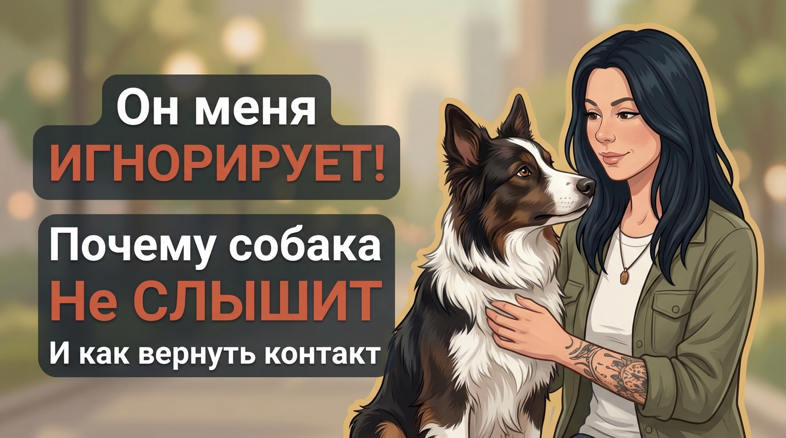 Анна Korektika-Pes с собакой в парке и заголовок про то, что собака не откликается.