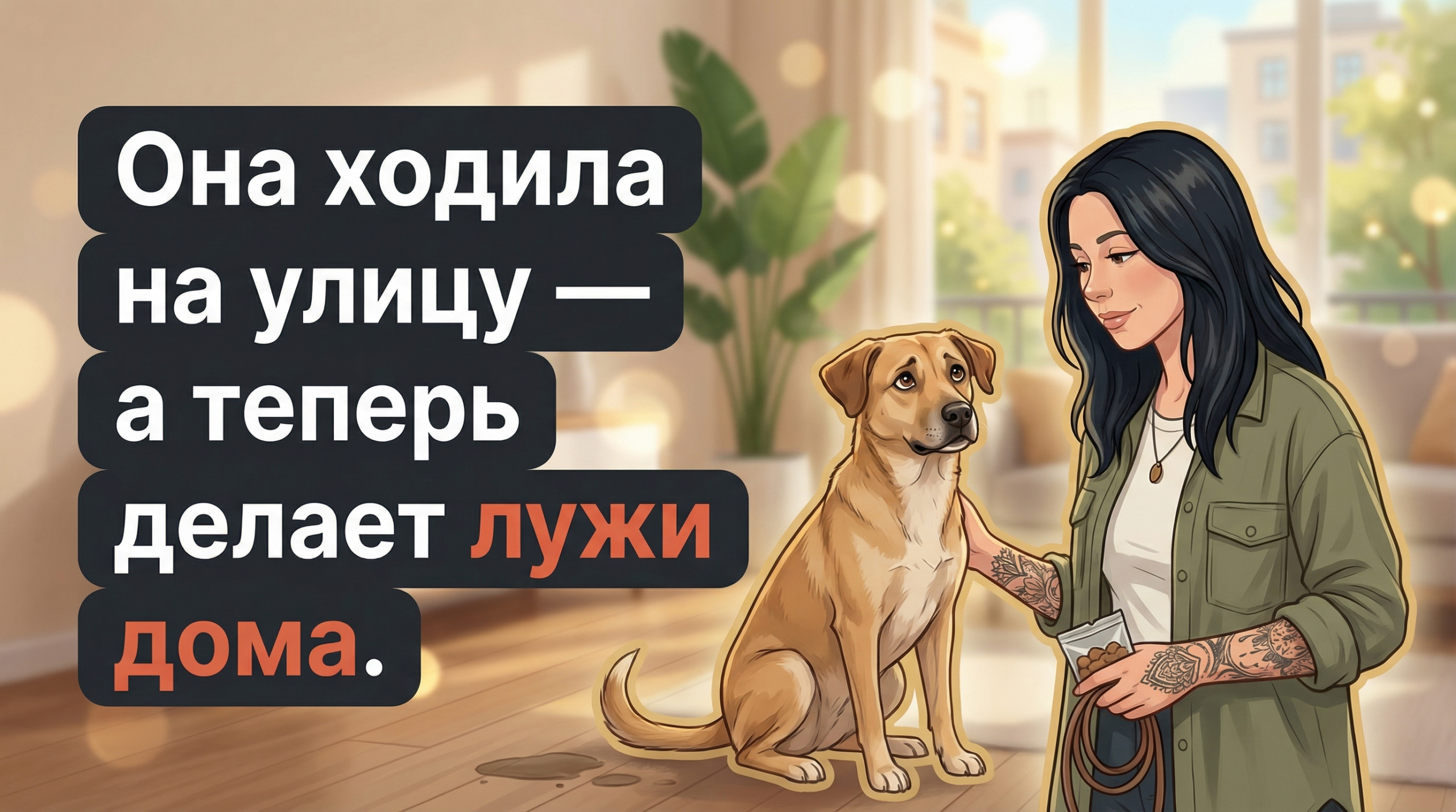 Анна с татуировками и взрослая собака в комнате, на плашках слева заголовок про лужи дома.