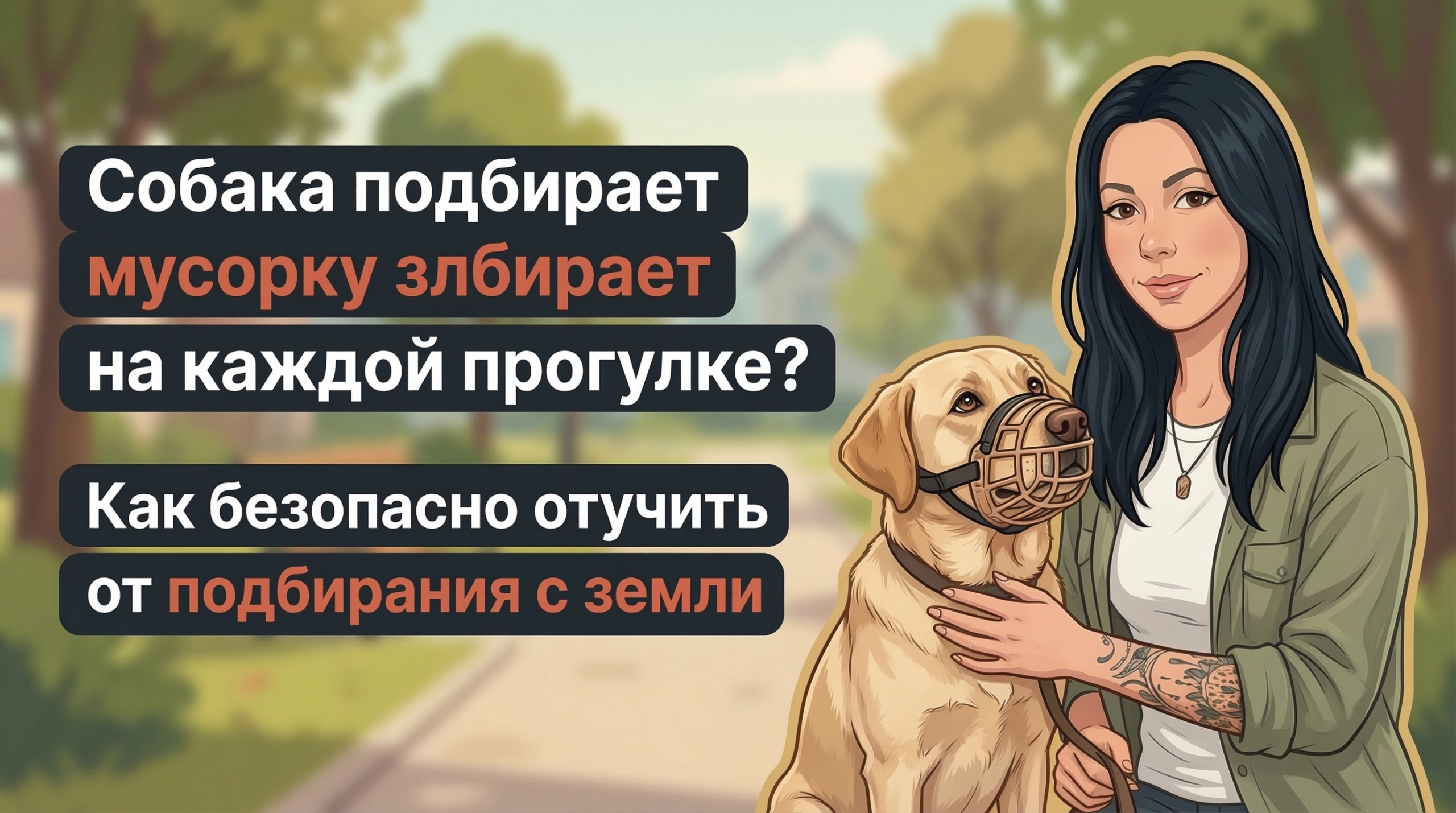 Обложка Korektika-Pes: Анна с собакой в парке и заголовком про подбор с земли.