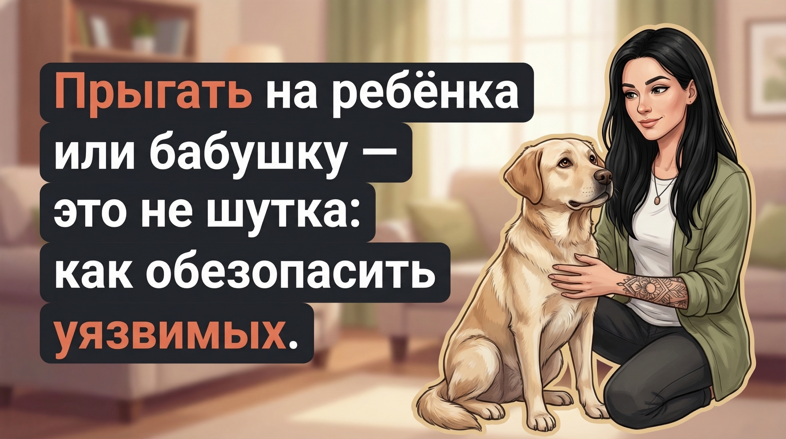 Обложка Korektika-Pes: Анна с собакой в комнате и заголовок о прыжках на ребёнка и бабушку.