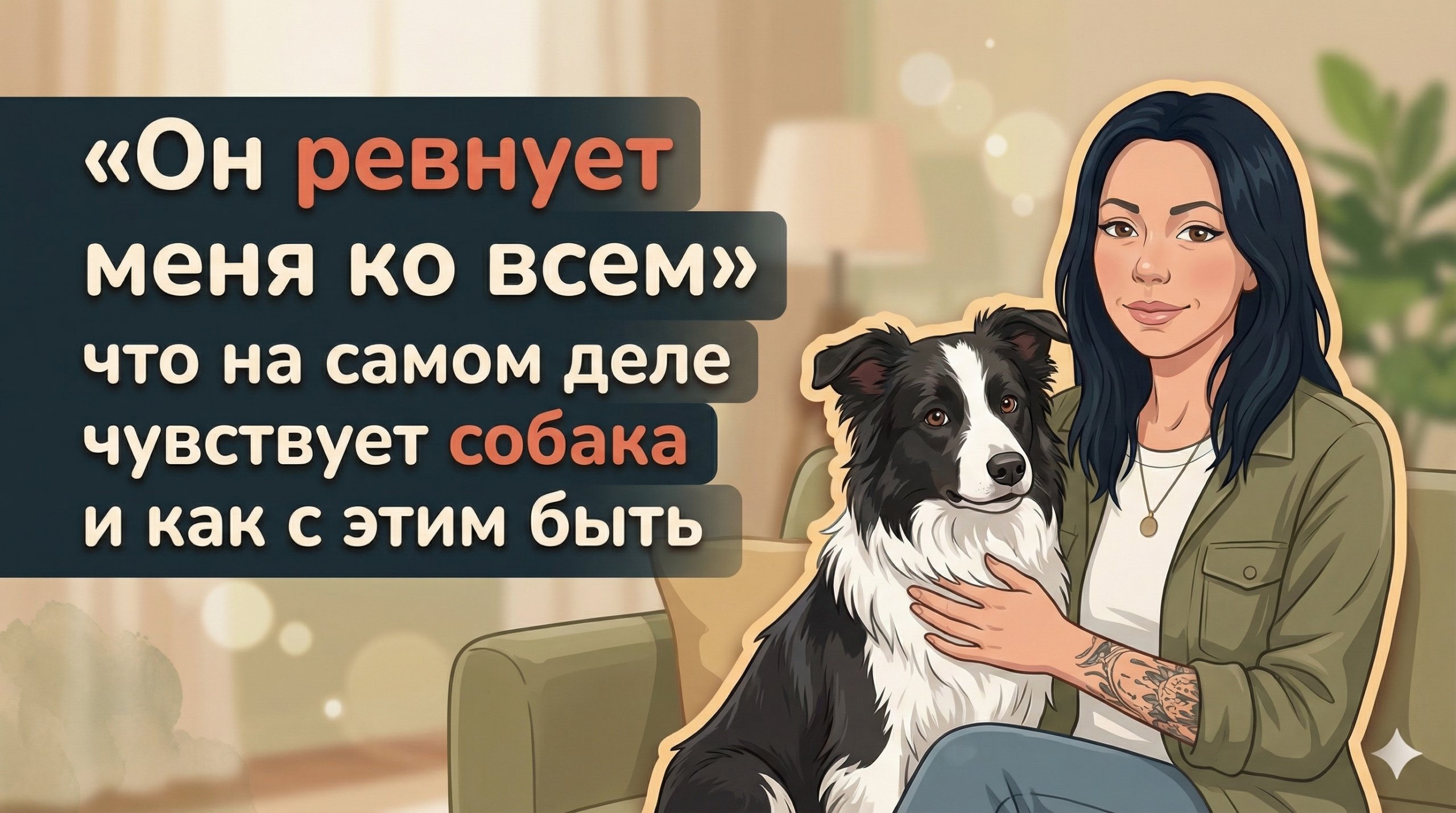 Обложка Korektika-Pes: Анна с татуировками и собакой на диване, слева заголовок о ревности к мужу.