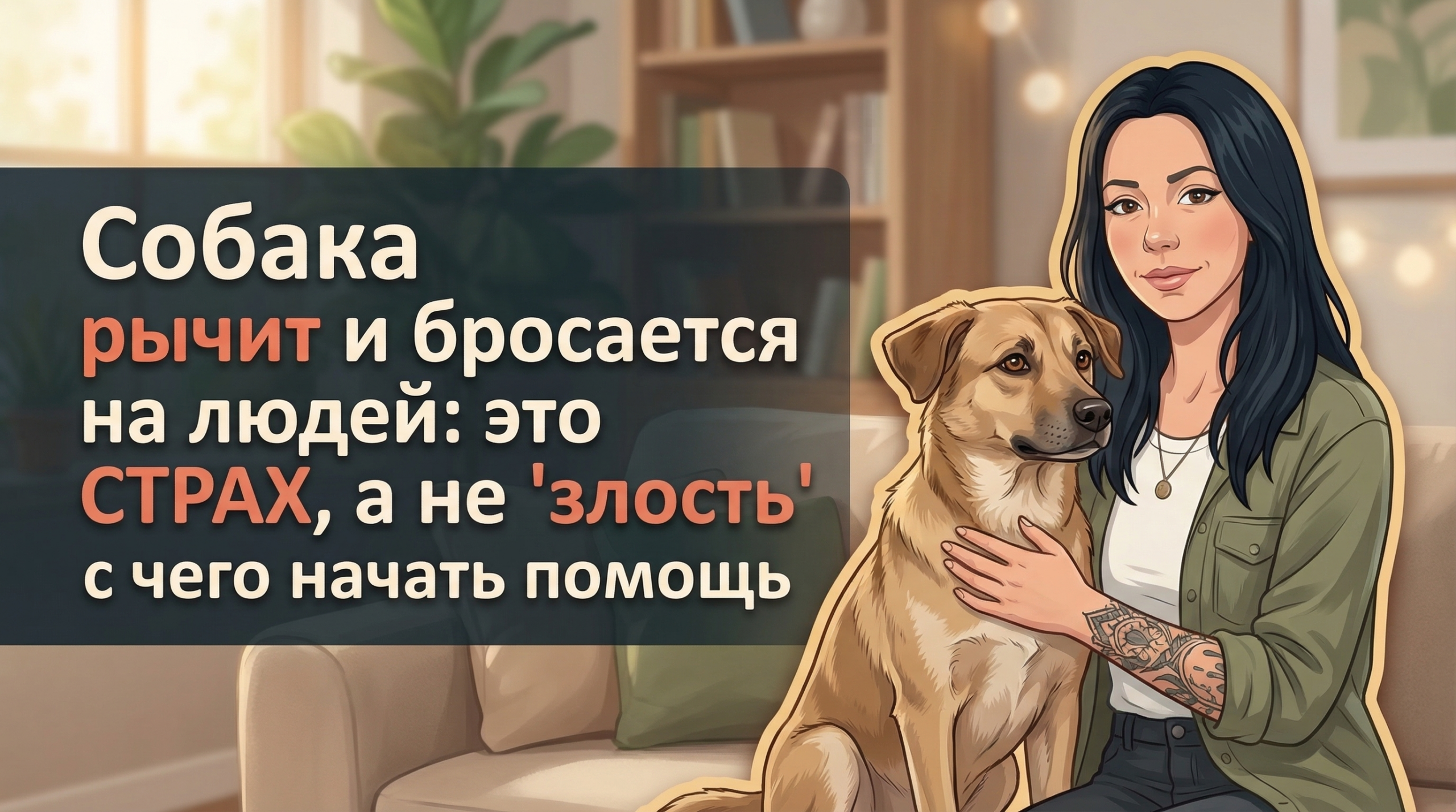 Обложка Korektika-Pes: Анна с татуировками обнимает настороженную собаку в гостиной, слева заголовок о страхе.