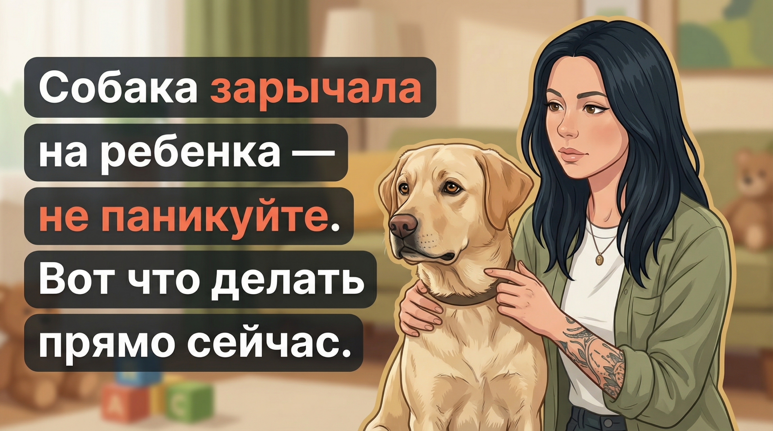 Обложка Korektika-Pes: Анна с лабрадором в комнате и текст о том, что делать, если собака рычит на ребёнка.