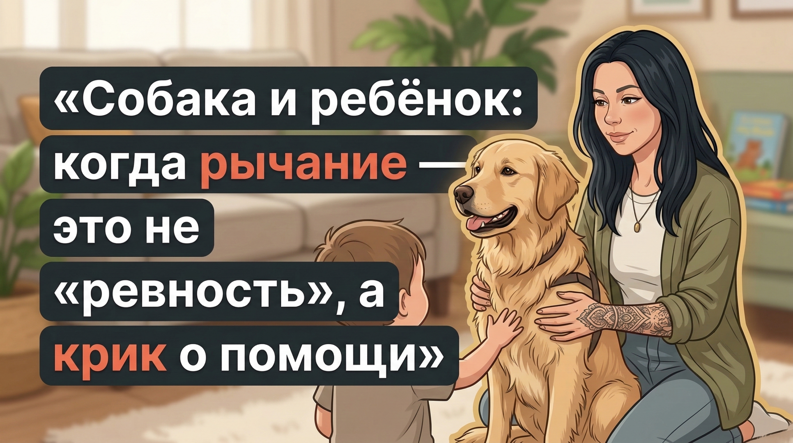 Обложка Korektika-Pes: Анна с лабрадором и ребёнком, заголовок про то, что собака рычит на ребёнка.