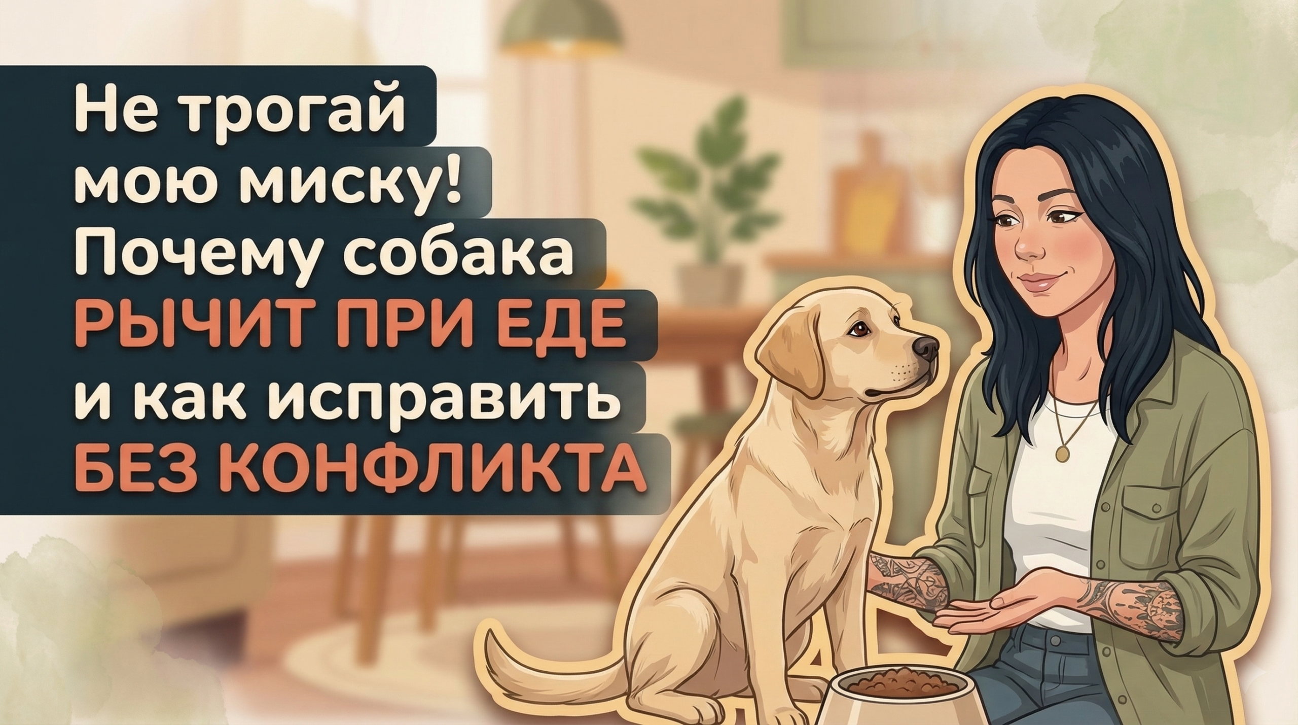 Обложка Korektika-Pes: Анна с собакой у миски и заголовок о том, что собака рычит при еде.