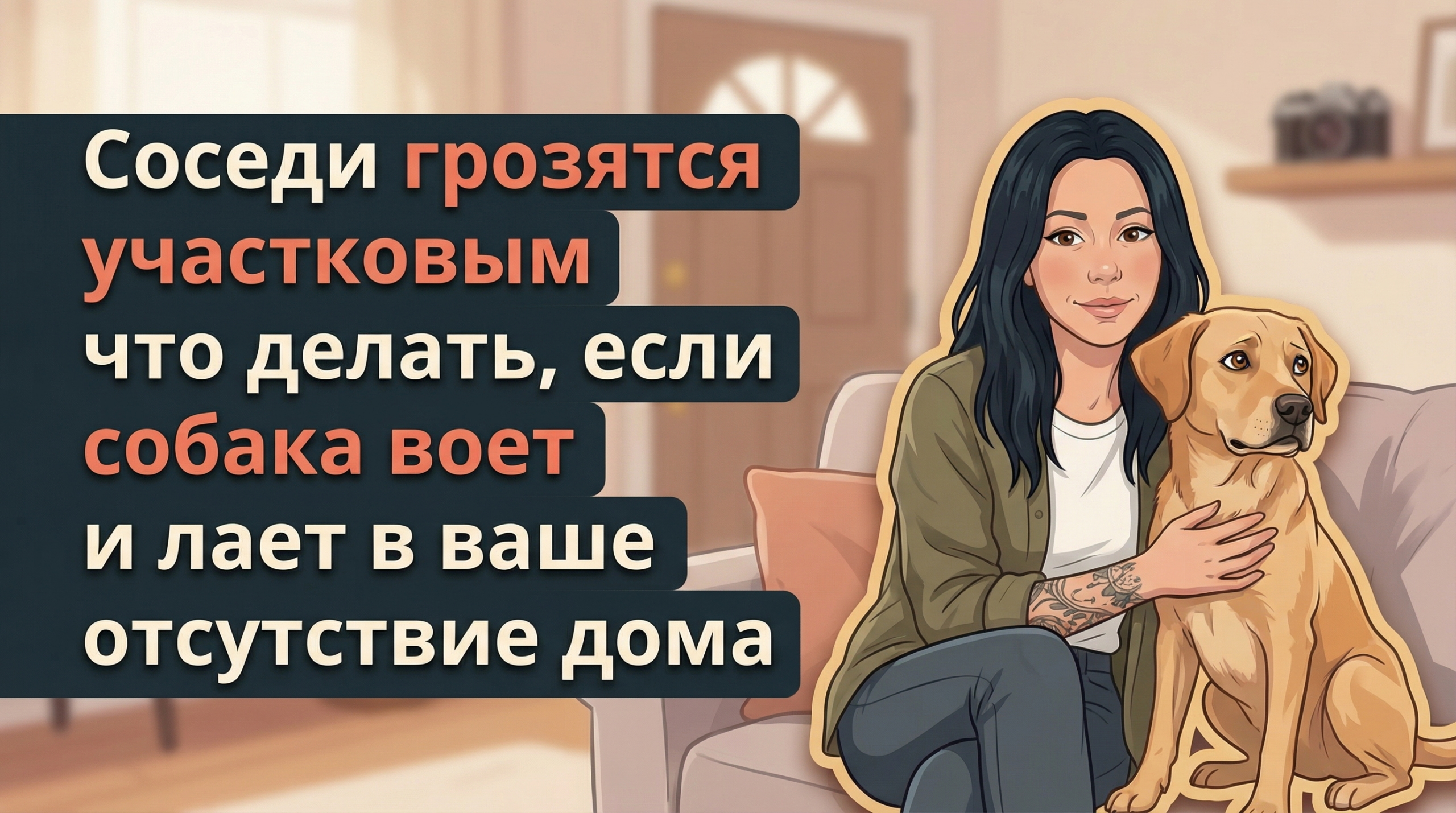Обложка Korektika-Pes: Анна с собакой в комнате и заголовок про вой, лай и угрозы соседей участковым.
