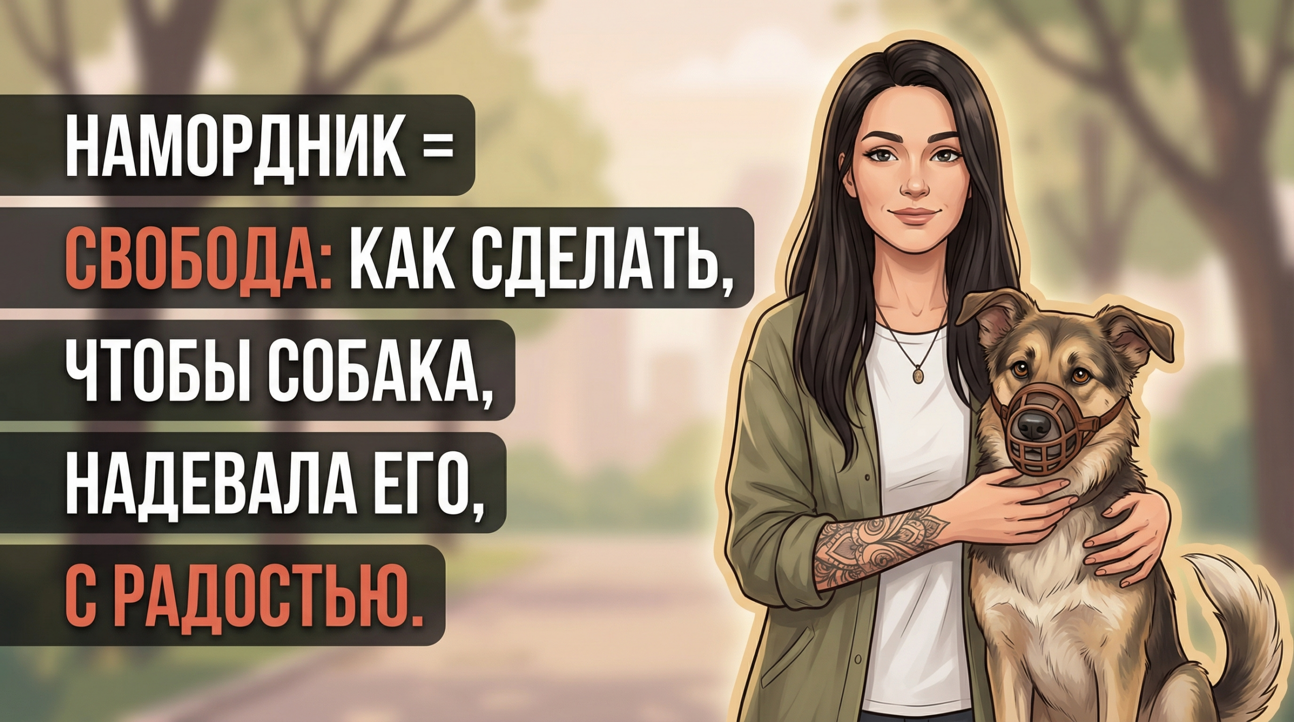 Обложка Korektika-Pes: Анна с татуировками и собака в наморднике Баскервиль в парке.