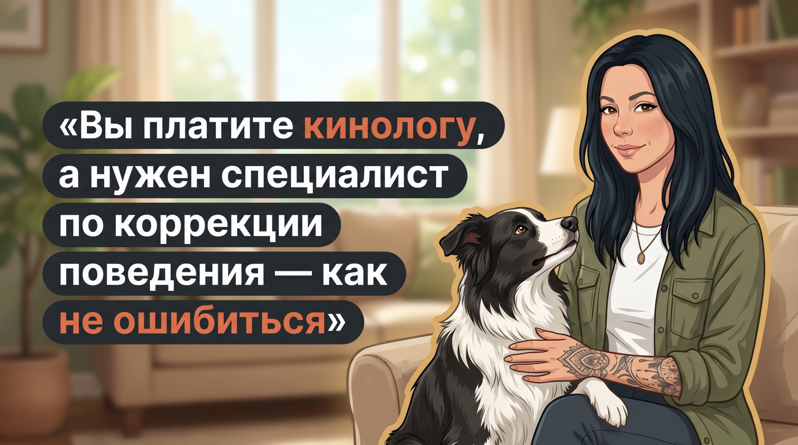 Анна из Korektika-Pes с собакой на диване и текстом о выборе кинолога или зоопсихолога.