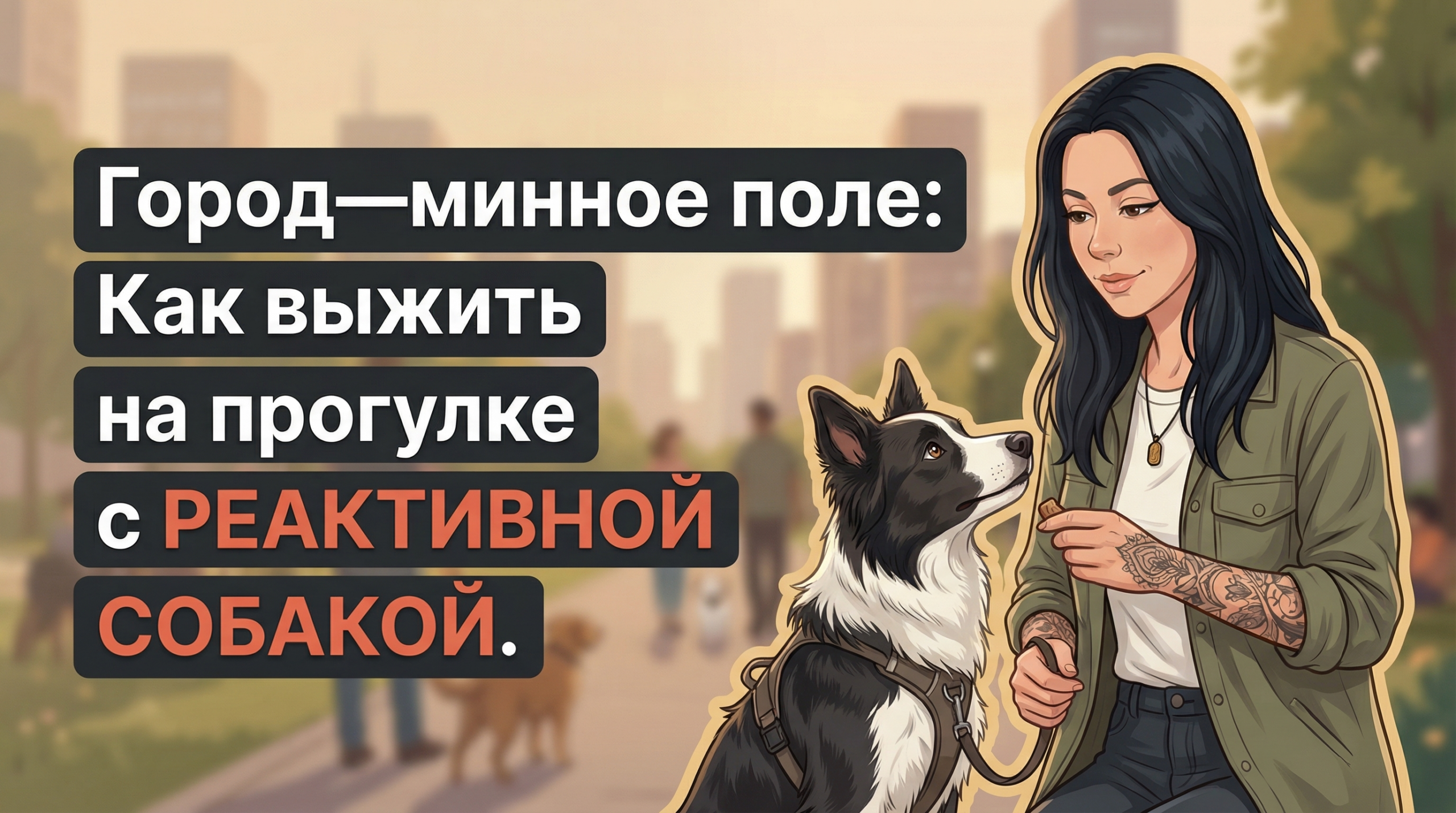 Анна Korektika-Pes с реактивной собакой в городском парке и заголовок про выживание в городе.