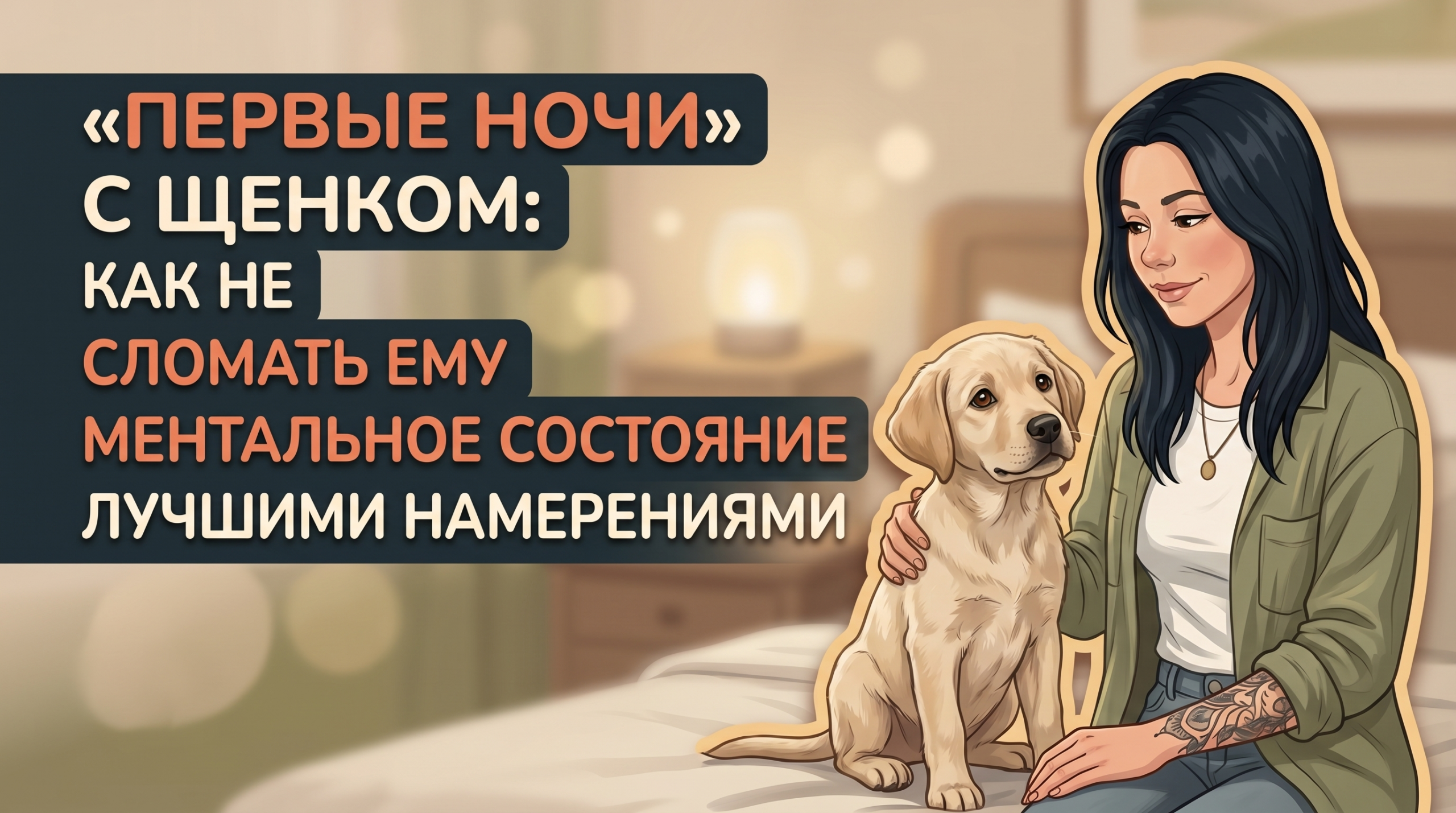 Анна с щенком в уютной спальне и текст о том, как помочь щенку, который плачет ночью.