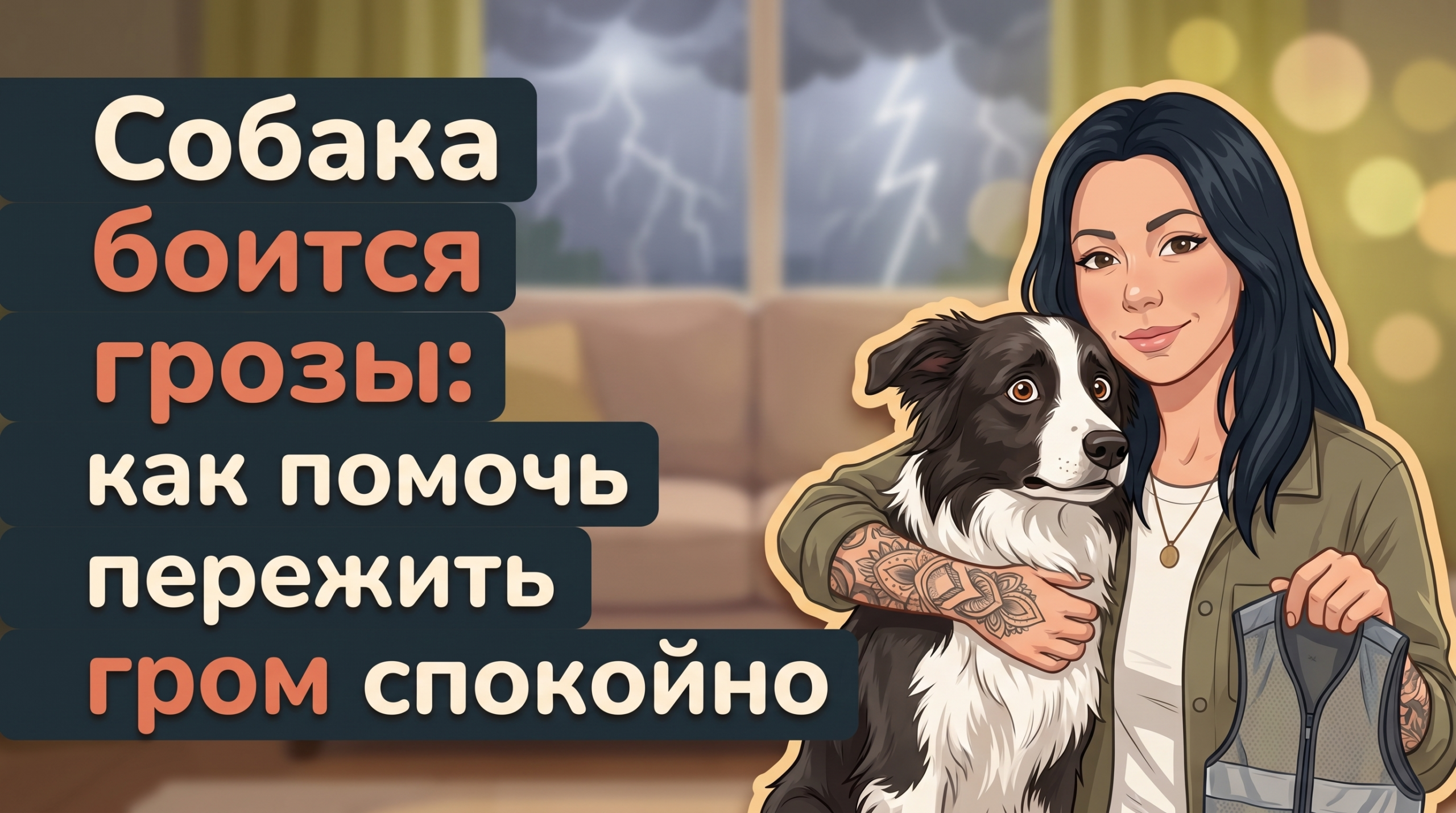 Обложка Korektika-Pes: Анна обнимает испуганную собаку в грозу, слева заголовок о страхе грозы.